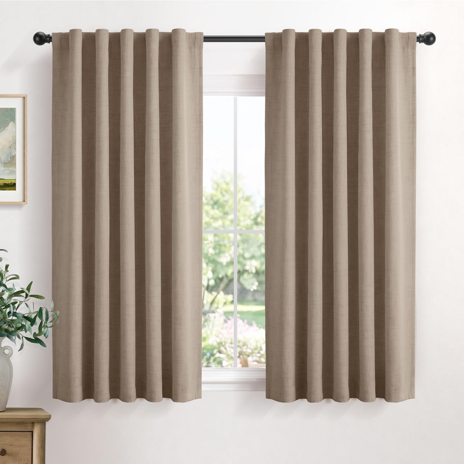 Faux Linen Total Blackout Curtains for Bedroom 63 Inch Long Copper Brown
