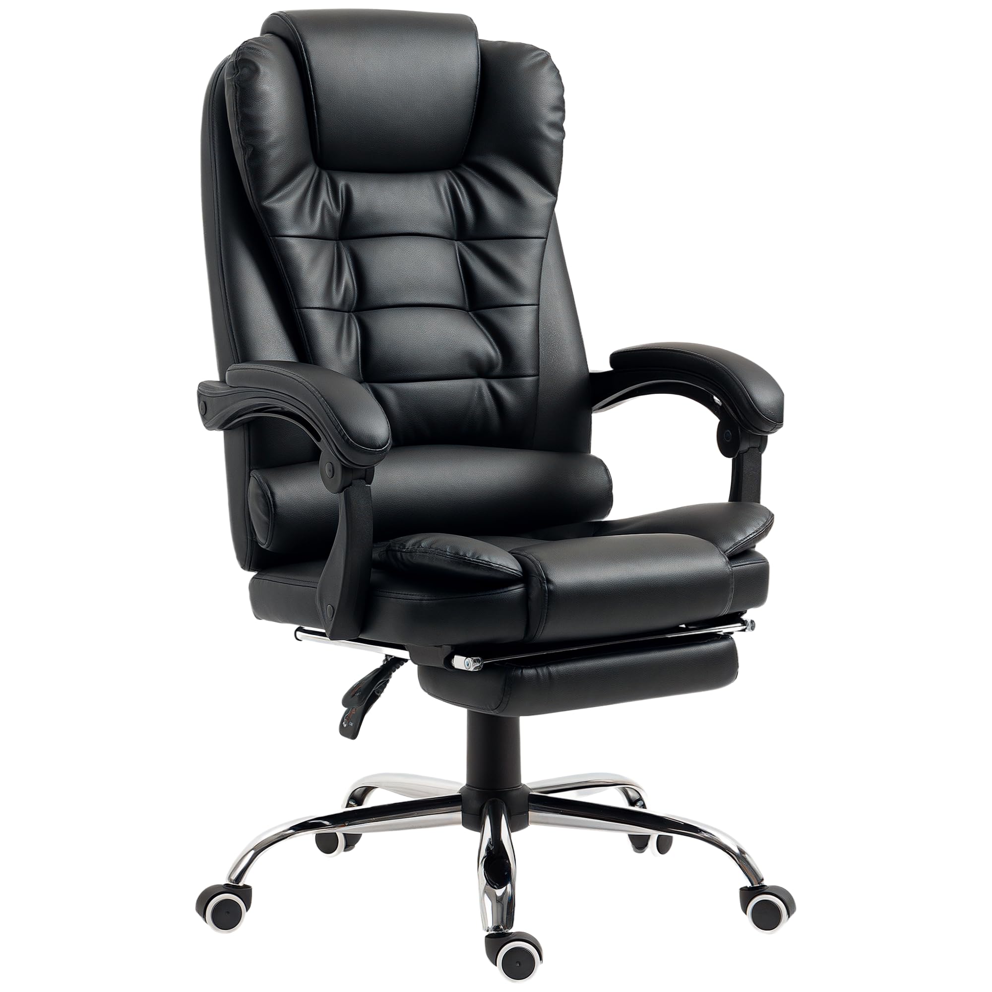 HOMCOM Sedia da Ufficio Ergonomica Presidenziale in Pelle PU con Supporto Lombare, Poltrona da Ufficio Girevole con Schienale Alto Reclinabile 145°, Altezza Regolabile e Poggiapiedi Estraibile, Nero