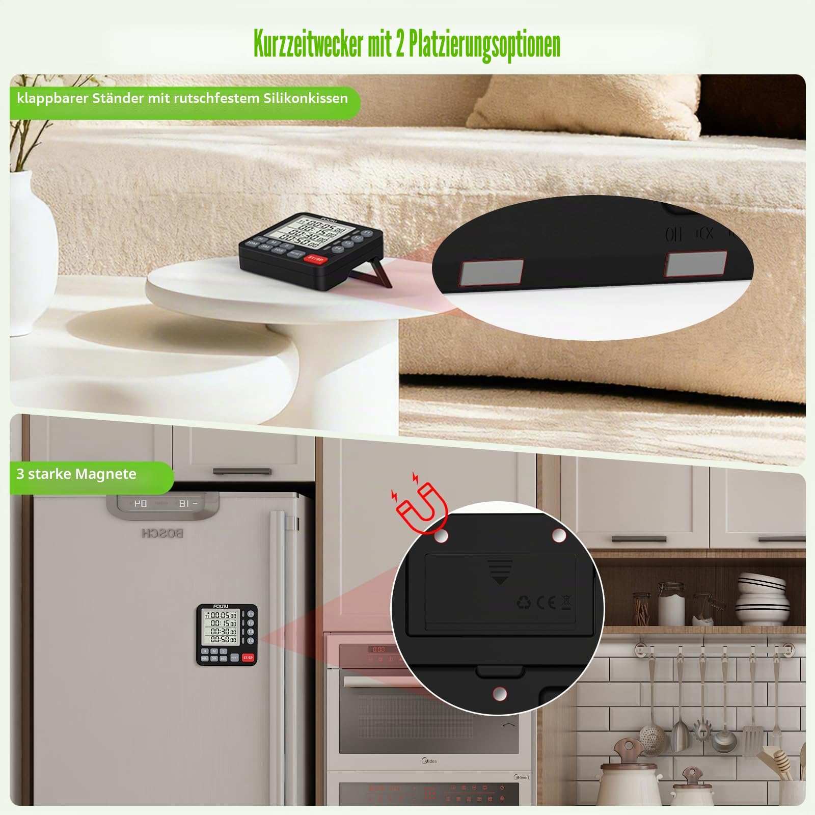 Digitaler Dual-Küchentimer, 4-K-Magnetischer Countdown-Timer zum Kochen, Ein/Aus, Großer Display, Mehrfach-Lebensmittel-Lautalarm, Leise für Klassenzimmer, Senioren, Batterie inklusive