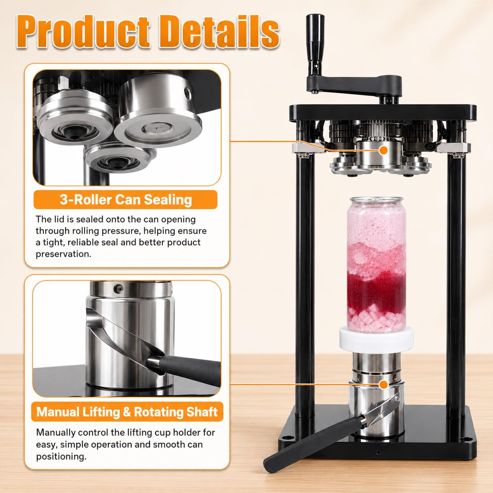 Sertisseuse de Canettes de Boissons Commerciale, Scelleuse à Main Pro | Convient aux Pots de 55mm, Scellage de Récipients 4.5-6.6 Pouces, Base Rotative pour Mise en Conserve Maison
