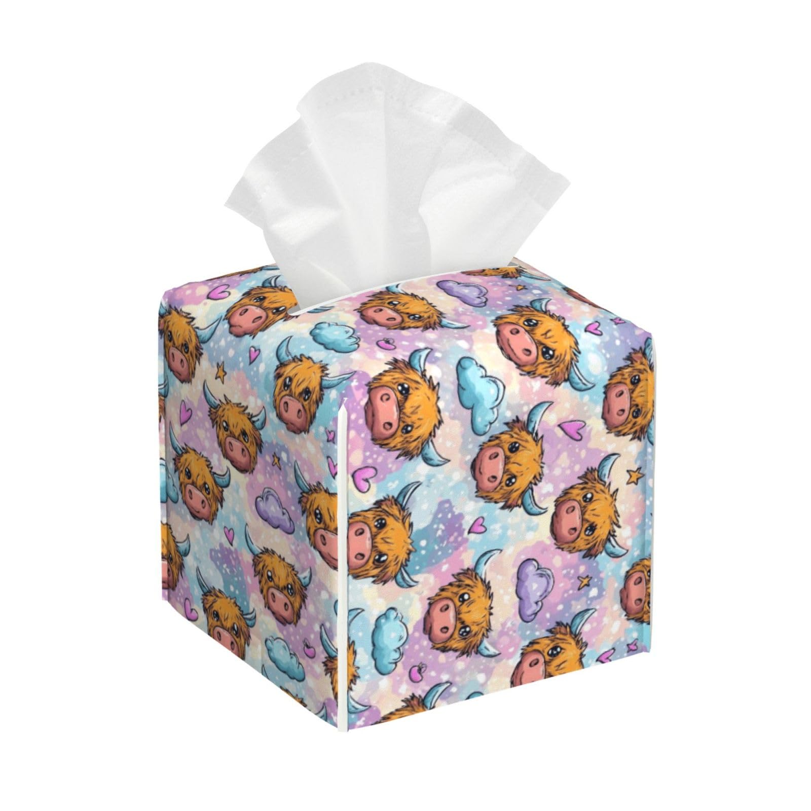 Dreamy Cow Cloud Print Tissue Box Cover Holder Square, Foldable Modern Cube Tissue Box Cover, Leather Decorative Organizer for Tabletop Bathroom Car Office Desk Decor