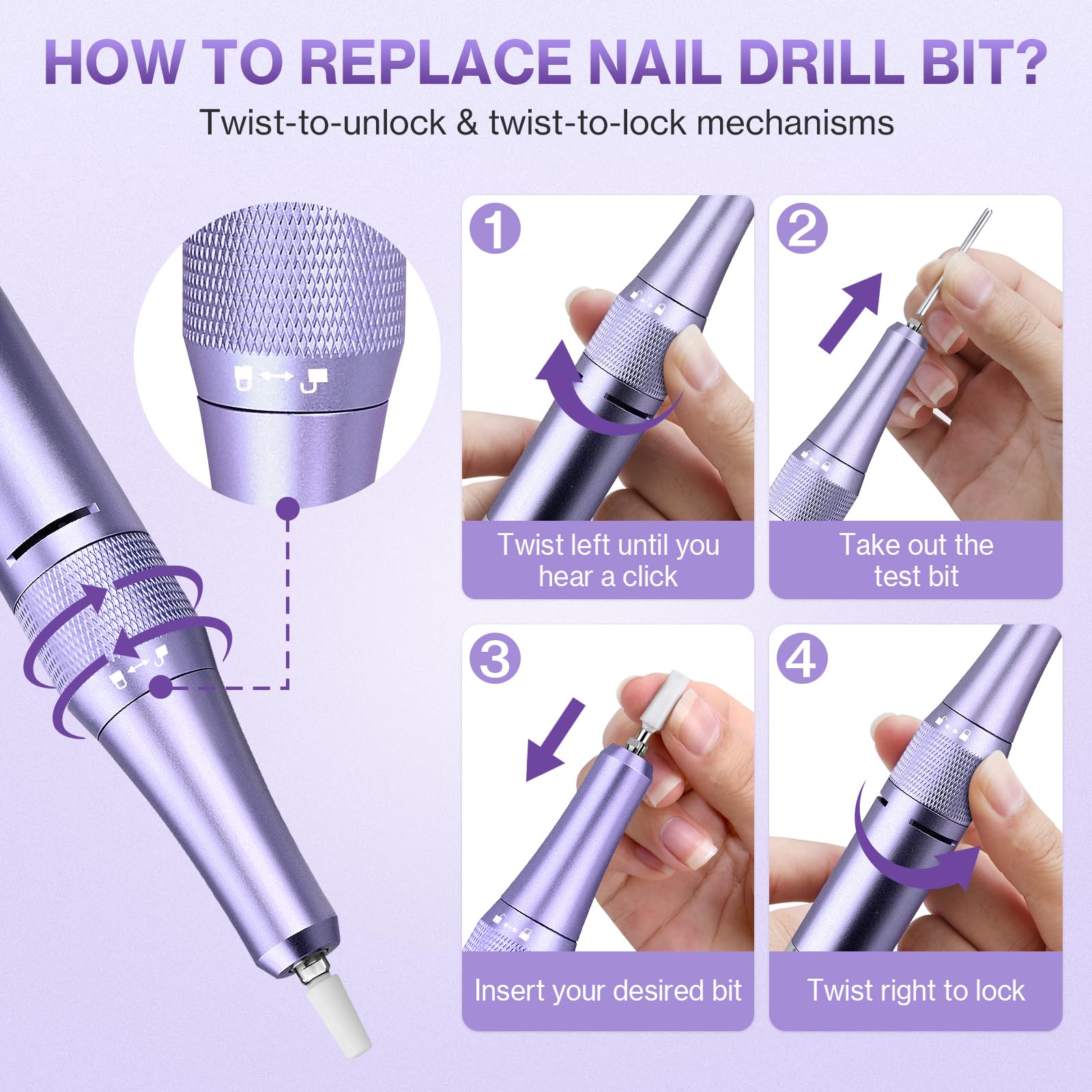 Ponceuse pour Ongles Professionnelle 45000 RPM 36 W, Ponceuse Ongles Portable avec Écran LCD & Support et 11 Embouts,Lime à Ongle Electrique Silencieux, Conçu pour Les Salons (violet)