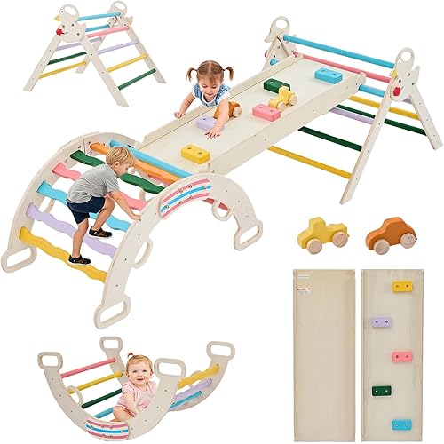 NEWBULIG Pikler Triangle Set, Montessori Wooden Kids Climbing Frame, Indoor Outdoor Jungle Gym with Climbing Net & Ramp, Playground Jungle Gym for Toddlers, Stable Anti-Slip Design