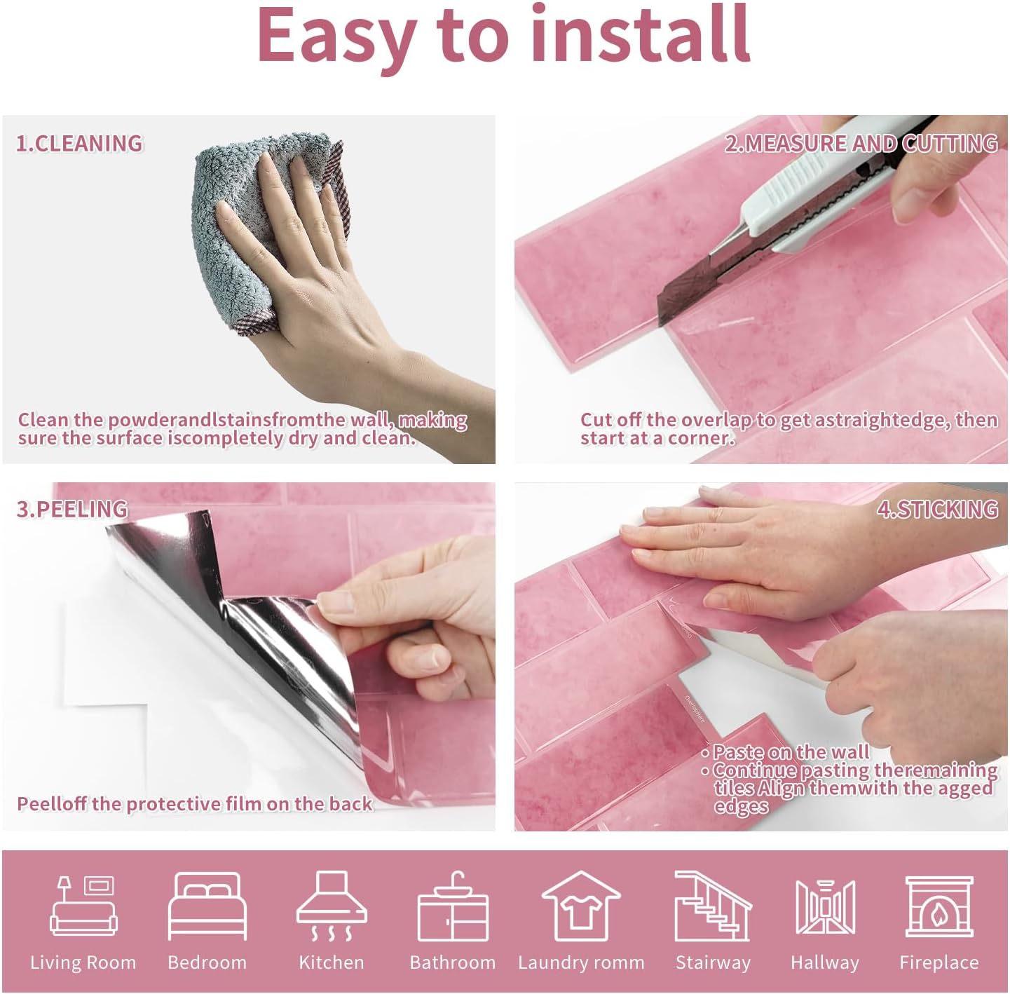 10-Sheets Subway Tile Backsplash Peel and Stick, Black Self Adhesive Vinyl Wall Tiles, Stick on Backsplash for Kitchen and Bathroom(3D Thicker Matiral) (Pink)