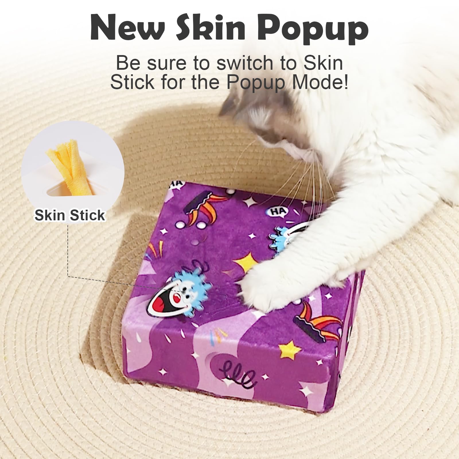 Migipaws Juguete interactivo para gatos blancos con bolsa de tela morada, juego de persecución de ratones alimentado por IA, sensor inteligente, recargable, duradero y divertido de pelota de bricolaje