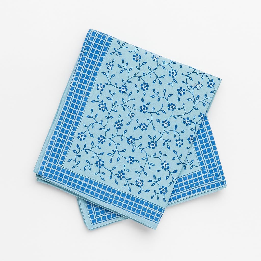 Elegant Blue Floral Cotton Handkerchiefs – Reusable Queen Size Cloth Napkins with Geometric Border – Soft, Durable, Eco-Friendly – Ideal for Daily Use, Travel, Office & Gifting-image-34