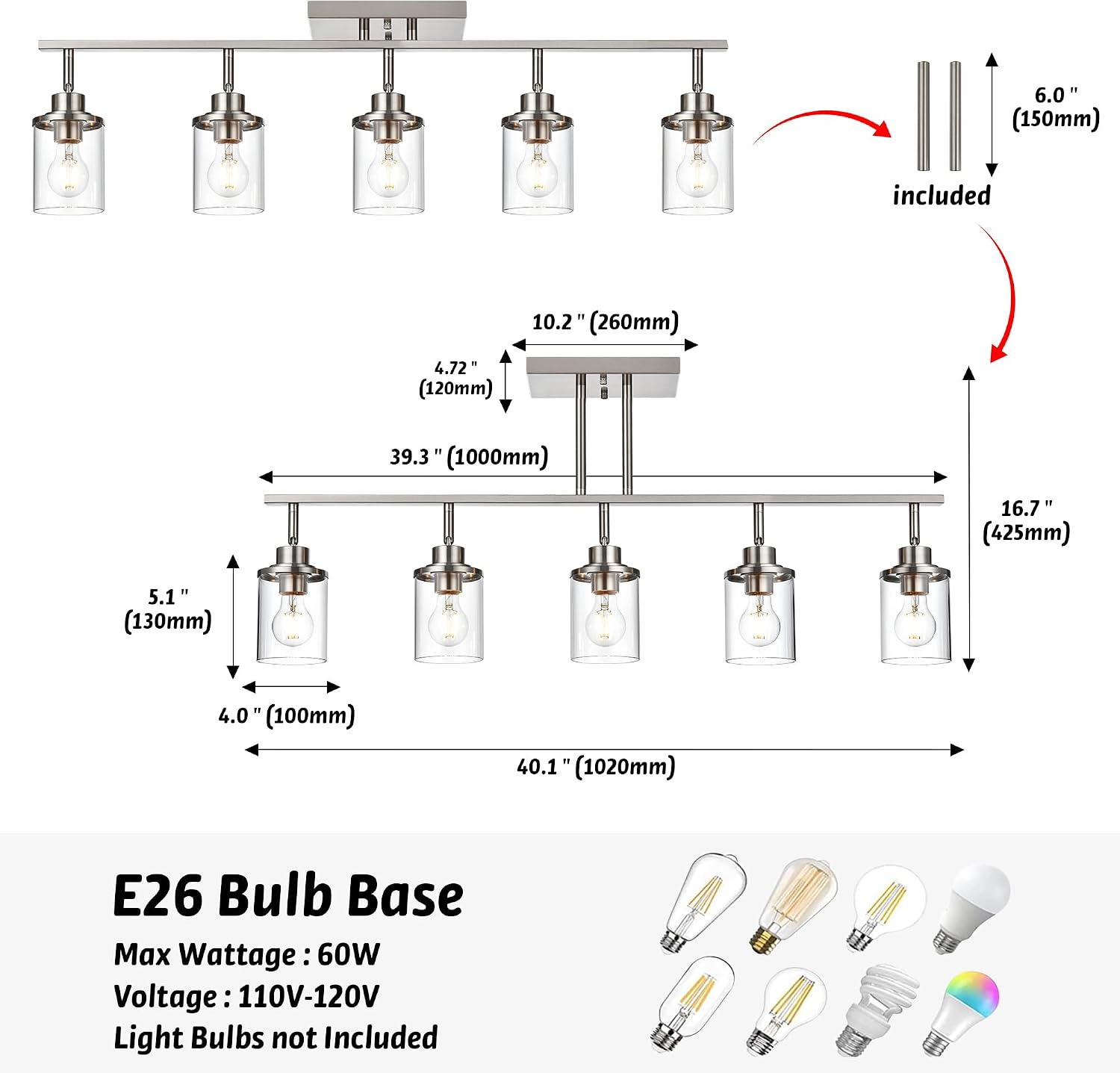 5-Light Wall/Ceiling Track Lighting Kit in Brushed Nickel Semi Flush Mount Ceiling Light with 5 Rotatable Light Heads Modern Vanity Lights for Bathroom, Clear Glass Shade