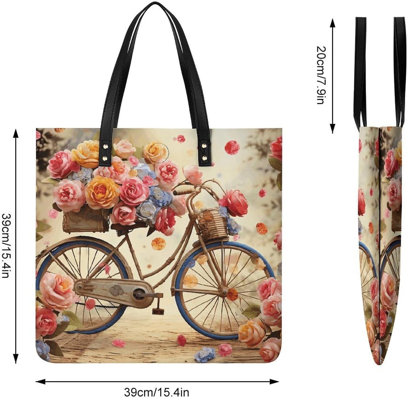 Flower Bicycle Tote Bag with Magnetic Buckle Reusable Grocery Bags Lightweight Cross Body Handbag for Daily Essentials