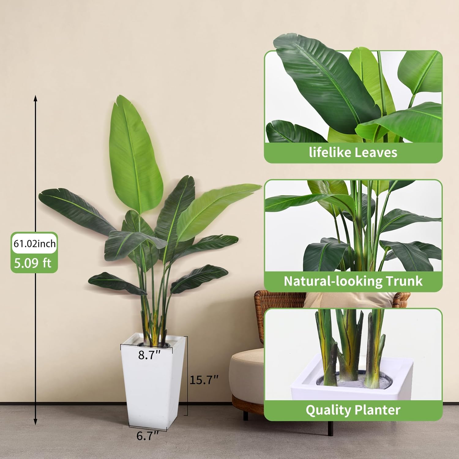 Bird of Paradise Plant Artificial 5ft,Faux Plants Indoor with White Planter,Fake Tree with Lifelike Leaves,The Perfect Indoor Silk Floor Plant for Home、Hallway and Office Decor - Image 2