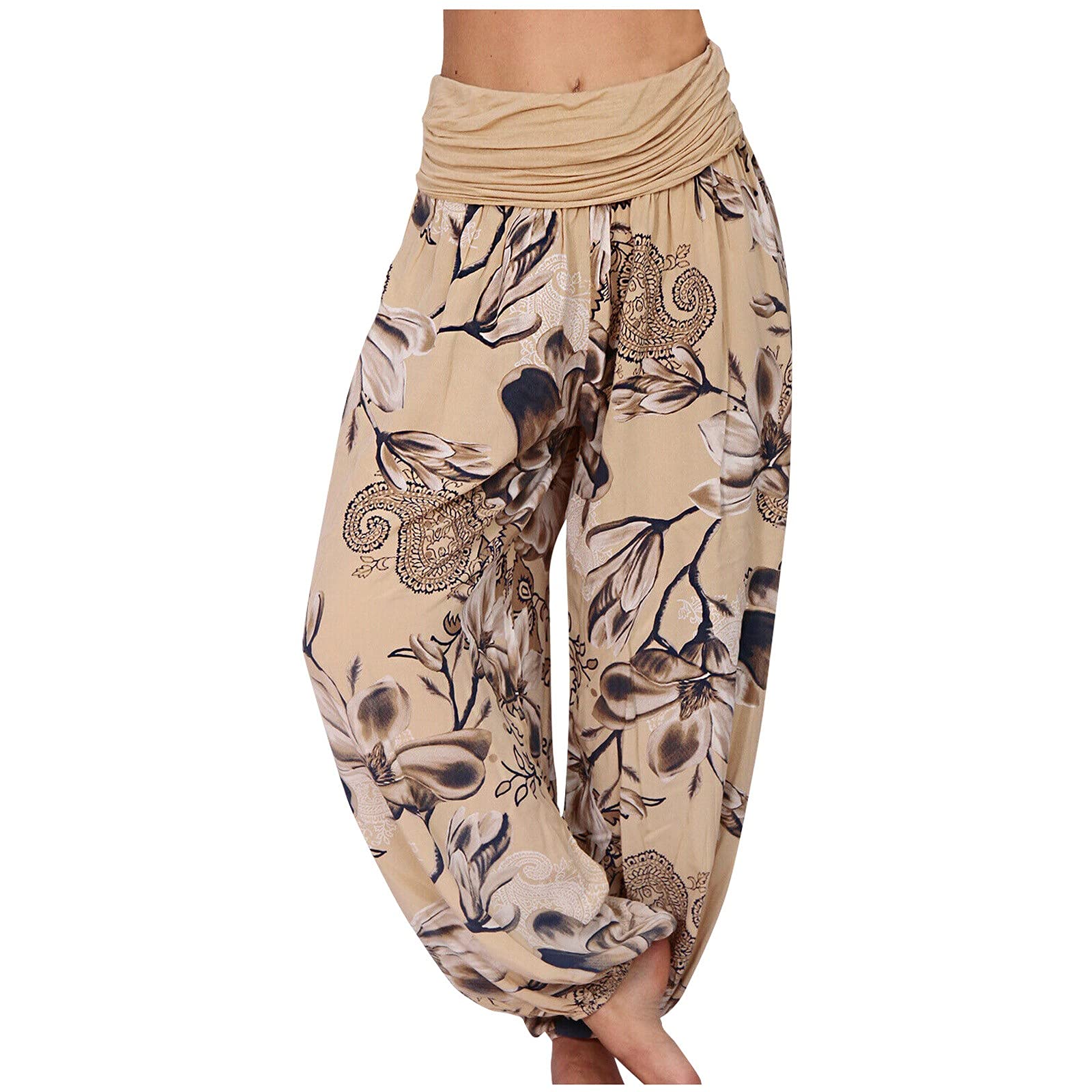 Haremshosen Damen Sommer Casual Blumenmuster Elastischer Bund Weite Beine Haremshose Übergröße Hippie Schlupfhose Elegant Weites Bein Damenhose Leichte Pluderhose Yogahose Aladinhose Pumphose