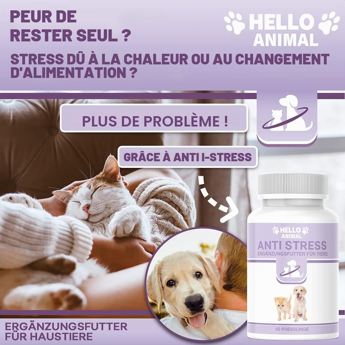 Hello Animal Anti Stress Chien – Comprimés hautement dosés à la Valériane – calmant Naturel pour Chiens et Chats anxieux – réduit Le Stress – Le décontractant Contre Panique, anxiété et nervosité