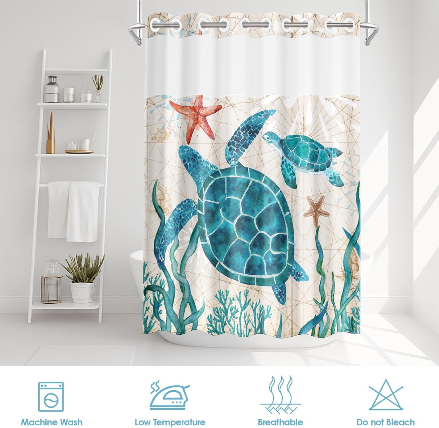 No Hook Sea Turtle Shower Curtain with Snap in Fabric Liner Set, Tropical Summer Ocean Blue Double Layers Waterproof Fabric with See Through Top Window Open Grommet Bath Curtain 71x74 Inch