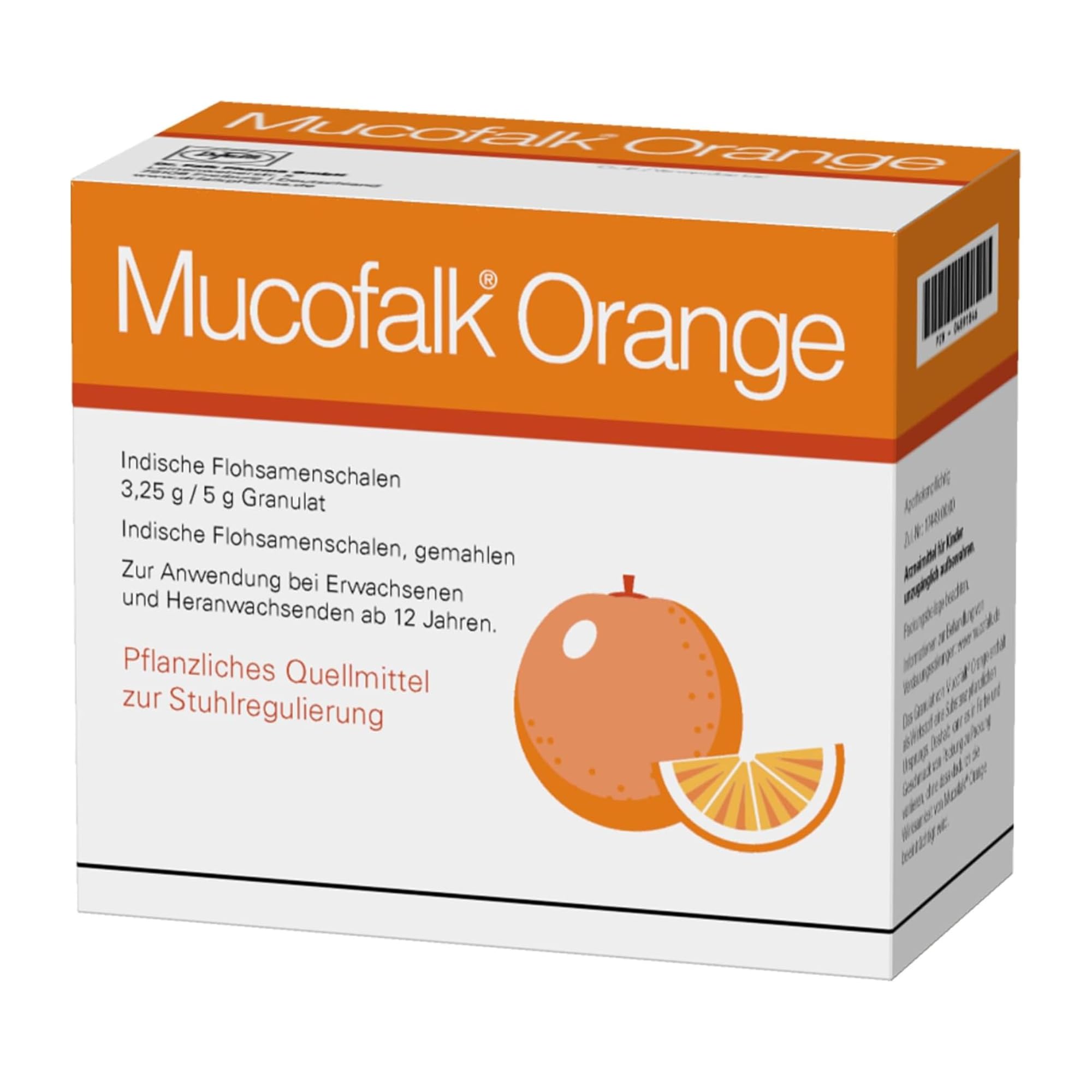 Mucofalk Orange, hochwertige Flohsamenschalen, Arzneimittel bei Darmbeschwerden wie z.B. chronischer Verstopfung oder unterstützend bei Durchfall, praktische Portionsbeutel, Orangengeschmack, 100 St