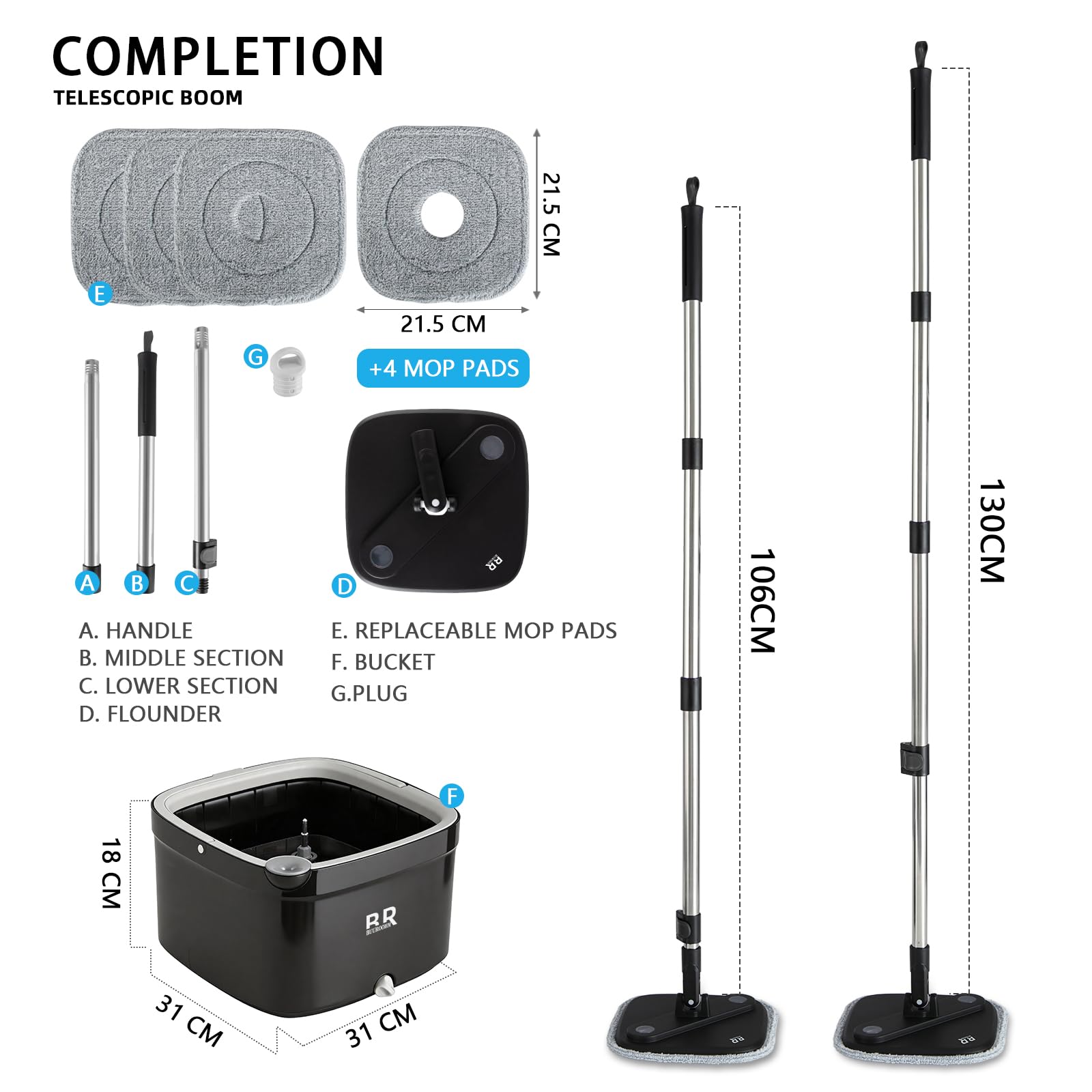 Juego de cubo giratorio para fregona con escurridor giratorio 360 y 4 cabezales de almohadilla de microfibra telescópica, mango fácil de presionar con juego de organizador de limpieza en seco