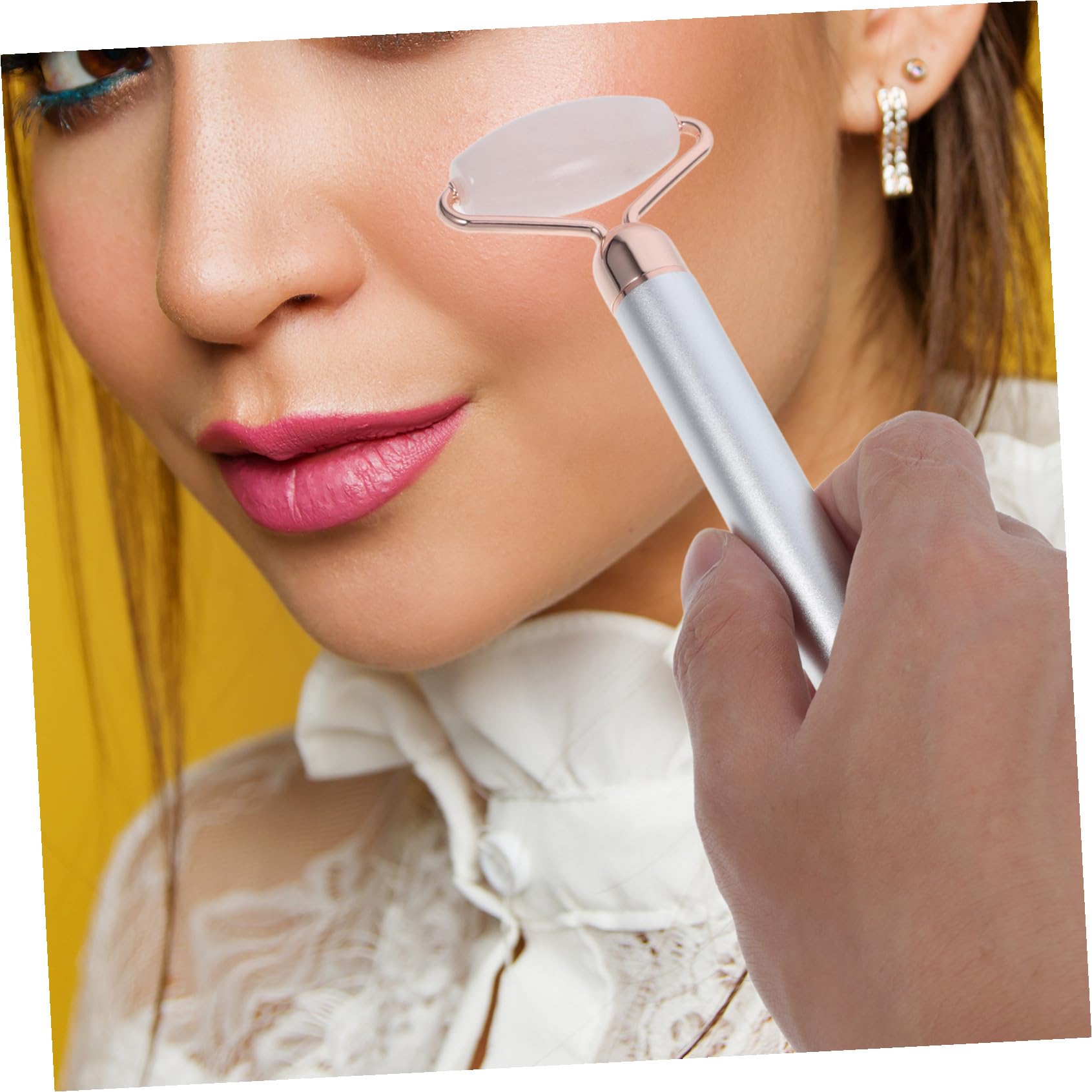 Operitacx Rouleau de Massage Facial en Jade Naturel Électrique Multifonction Rouleaux en Cristal de Quartz Rose Argenté, Kit de Soins du Visage Anti-âge pour Massage du Cou Visage, Outil