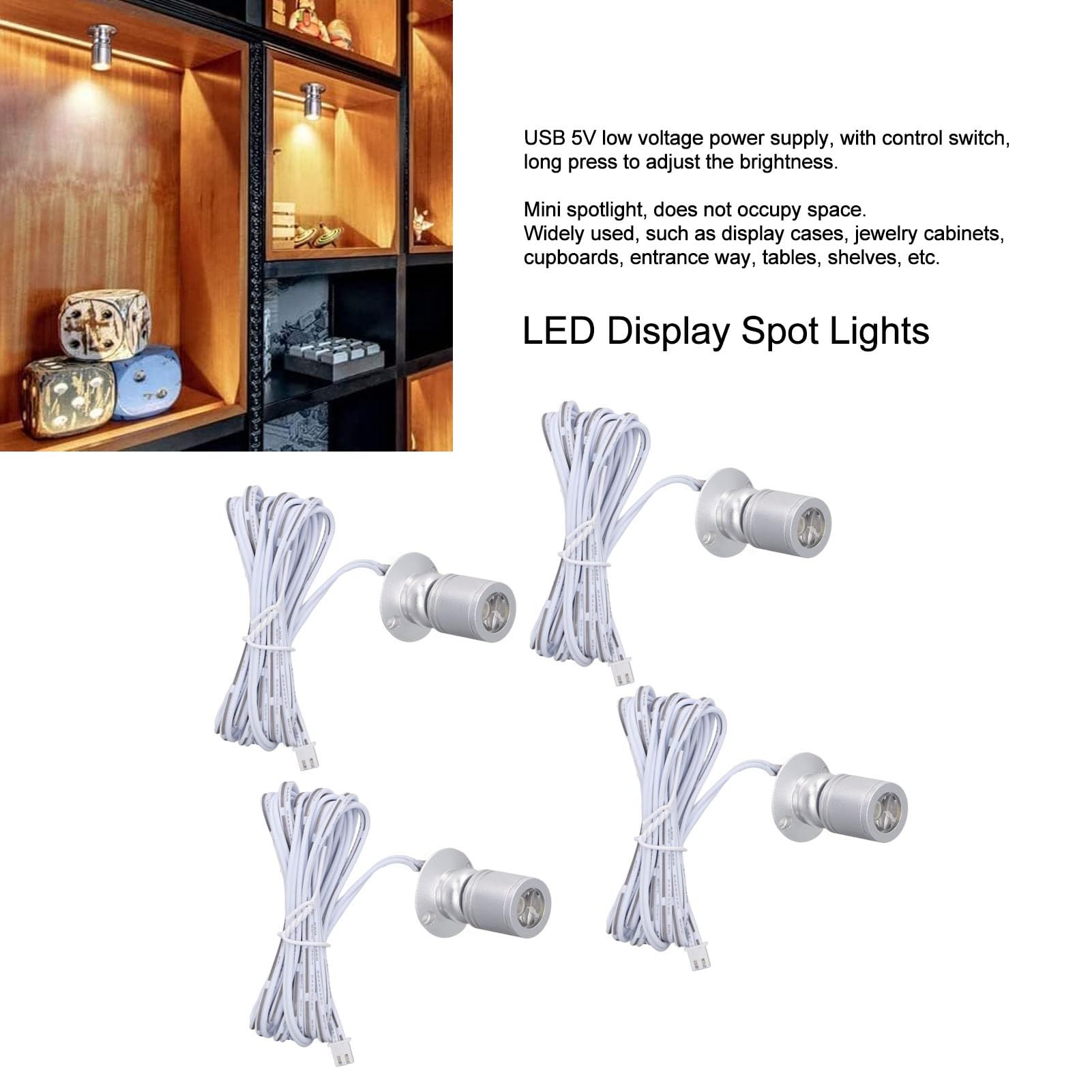 flexman LED Display Spot Lights Set, 4Pcs Light Head Patch 2M Cable Aluminum Multi Purpose Spotlights with Distribution Box for Display Cabinets Jewelry Cabinets (Warm Light)