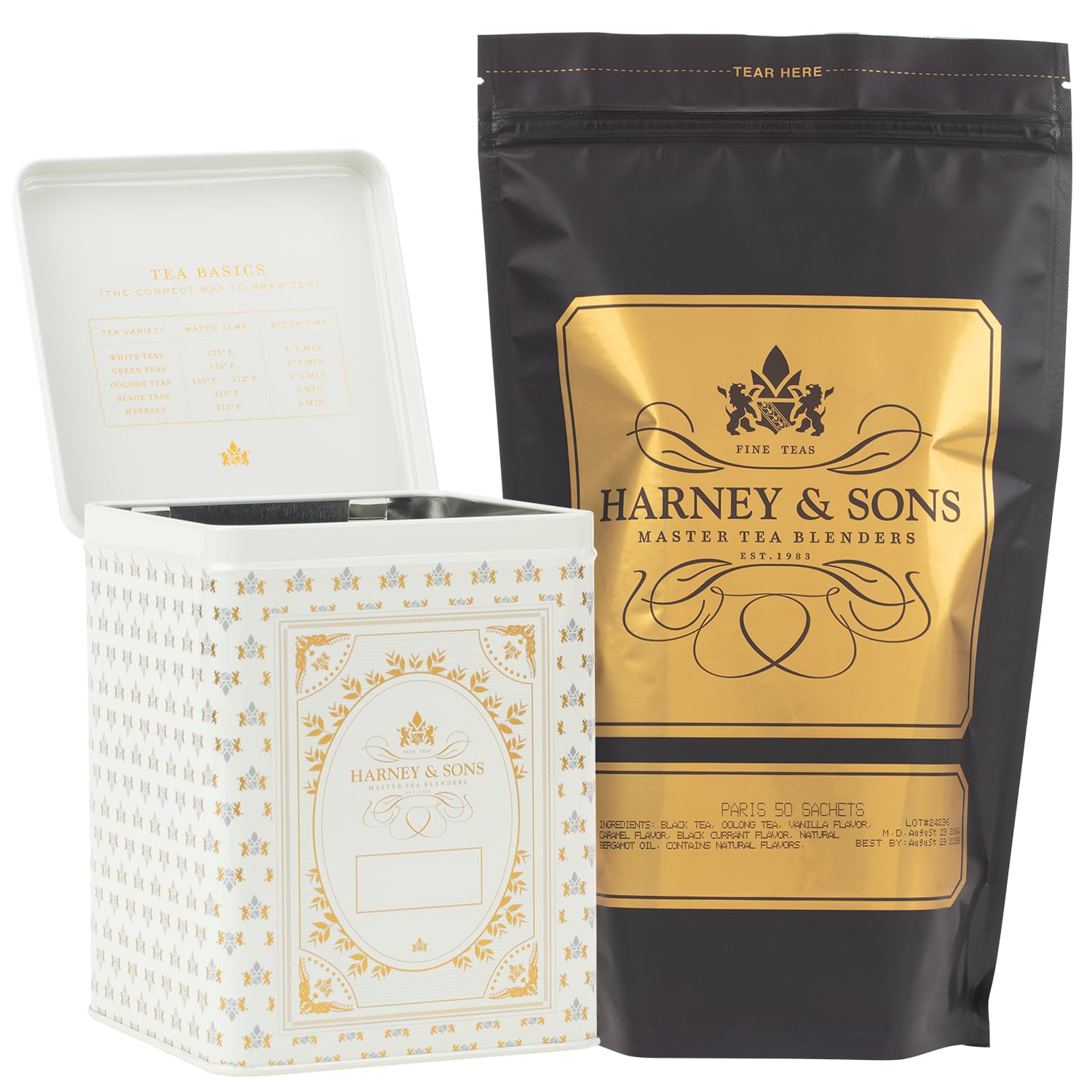 Harney & Sons Paris Tea & Cream Tea Canister, 50ct sachet & Storage Tin Set