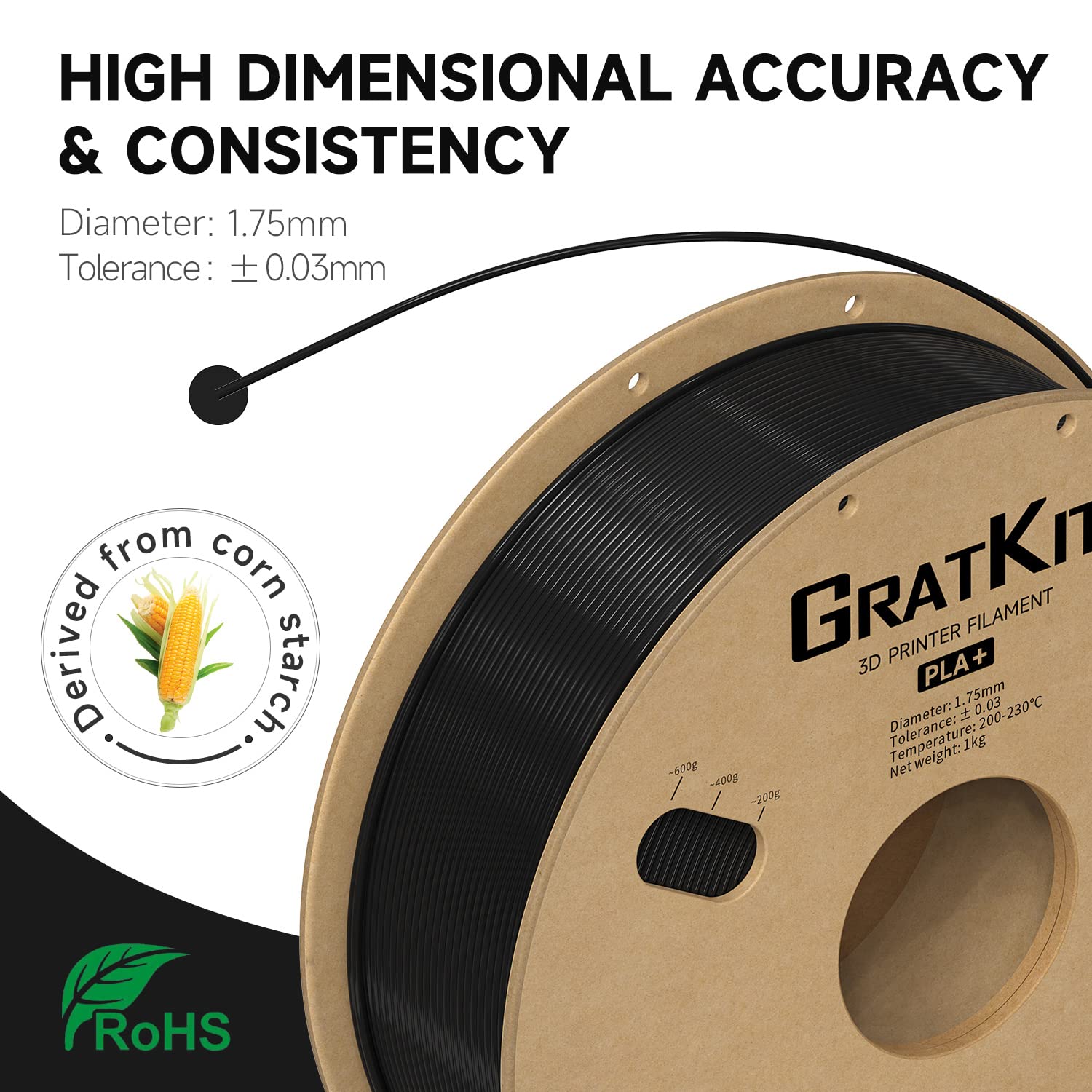 GratKit Filament PLA Plus 1,75 mm, filament do drukarki 3D, +/-0,03 mm, 1 kg, PLA+, czarny