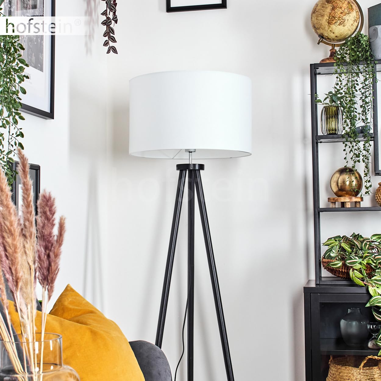 Felmming lampa stojąca, lampa podłogowa z drewna/tkaniny w kolorze czarnym/białym, lampa w skandynawskim designie z okrągłym kloszem (Ø 50 cm) i włącznikiem nożnym, wysokość 155 cm, 1x E27 bez żarówki