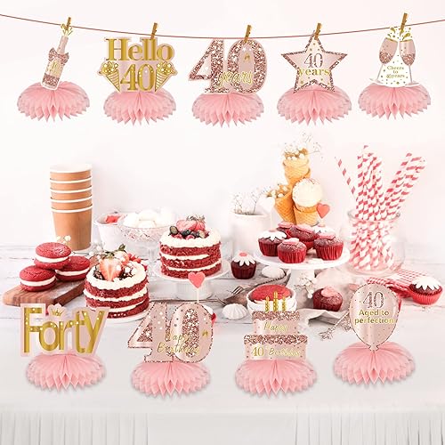 Miniatura 3 de Centros de mesa de cumpleaños de 40 años de color rosa dorado rosa para mujer, 9 piezas de oro rosa dorado feliz 40 cumpleaños, suministros de