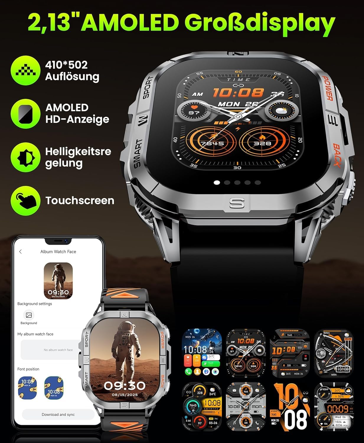 Reloj Inteligente Hombre GPS, 2,13" AMOLED Smartwatch Militar con Linterna Led, Barómetro, Brújula, 100+ Modos Deportivos, Llamadas Bluetooth, 3ATM Impermeable para Android iOS (Negro)