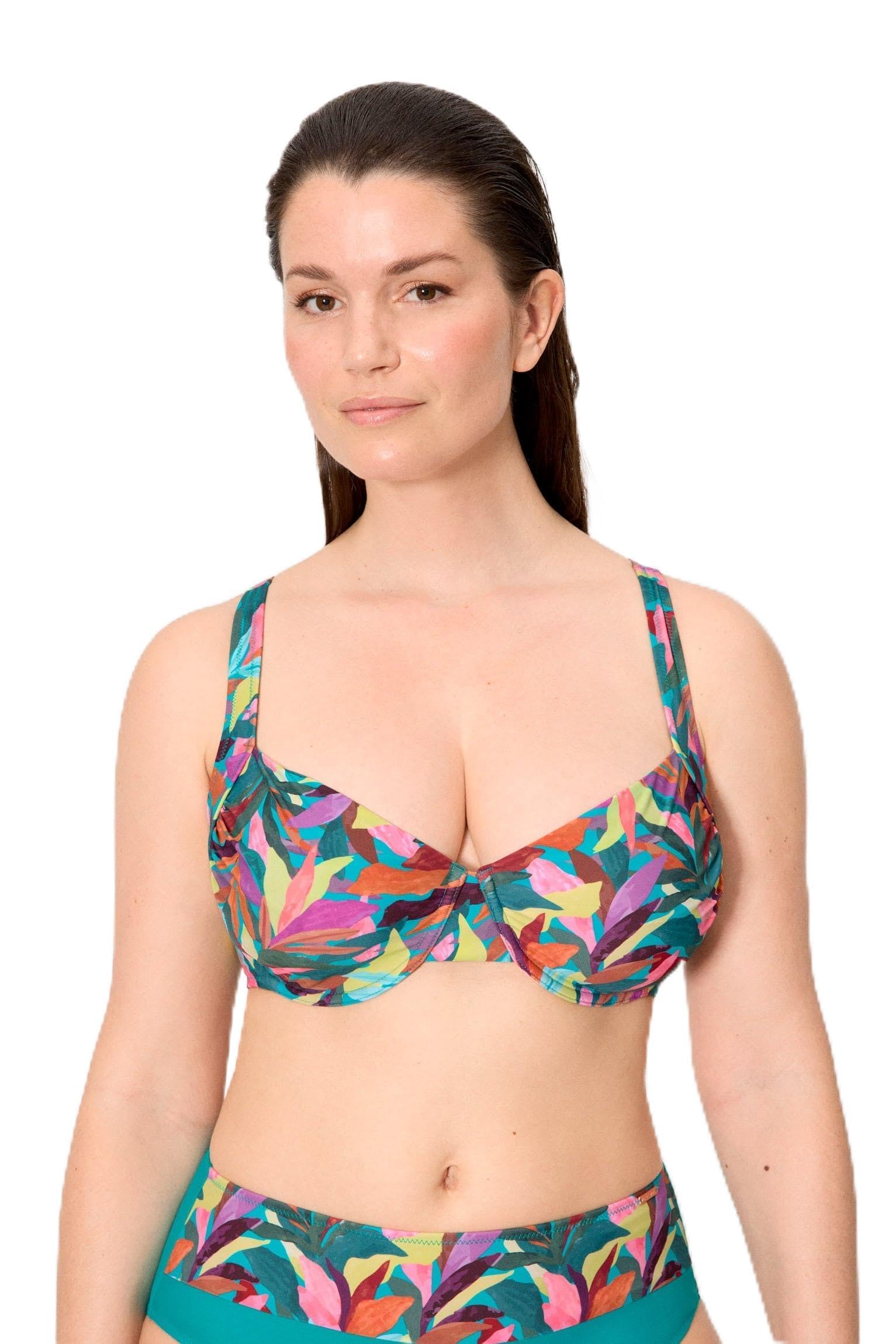 YSABEL MORA. Top Bikini Reductor Estampado Hojas. Top Aro Reductor Sin Relleno con Tirantes Anchos para Mayor Confort .Colección Turquoise.