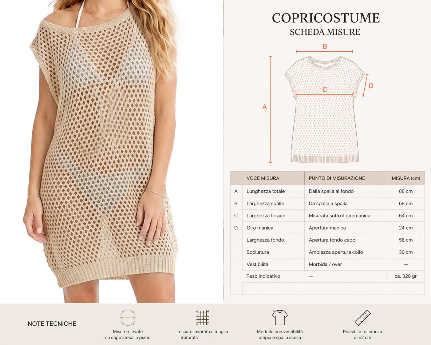 Cubretraje de playa para mujer; ligero y cómodo de algodón con costura de ganchillo - Pareo, túnica de playa - Made in Italy