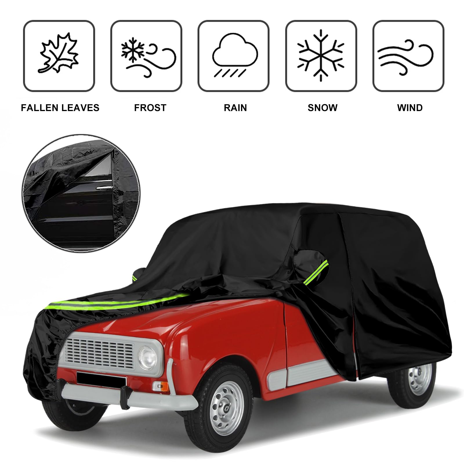 Vollgarage Autoabdeckung Ersatz für Renault 4/4L/R4 1961-1992, Schwarz | Autogarage Wasserdicht, Autoplane Ganzgarage Atmungsaktive Reflexionsstreifen, Sonne, Staub & Wetter