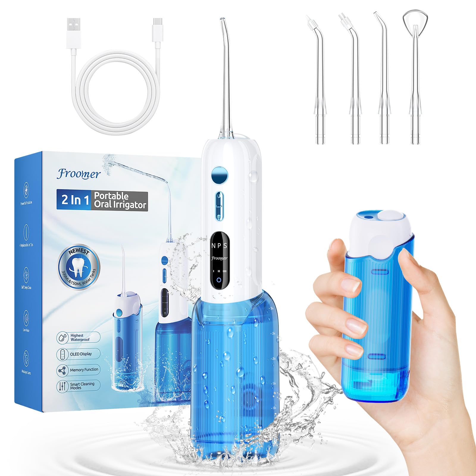 Water Flosser,2 in 1 Water Dental Flosser with 2 Water Tanks,3 Mods 4 Jet Tips Water Flossers for Teeth Suit for Business Trips, Outings and Daily Oral Cleaning Use(Blue)