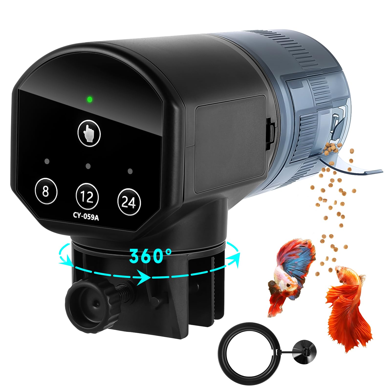URAQT Automatico Distributore Cibo Pesci a Batteria, Mangiatoia Automatica Acquario, 200ML Mangiatoia Pesci, Con indicatore LED, con 2 batterie AAA e Anello per Alimentatore Pescis, Nero