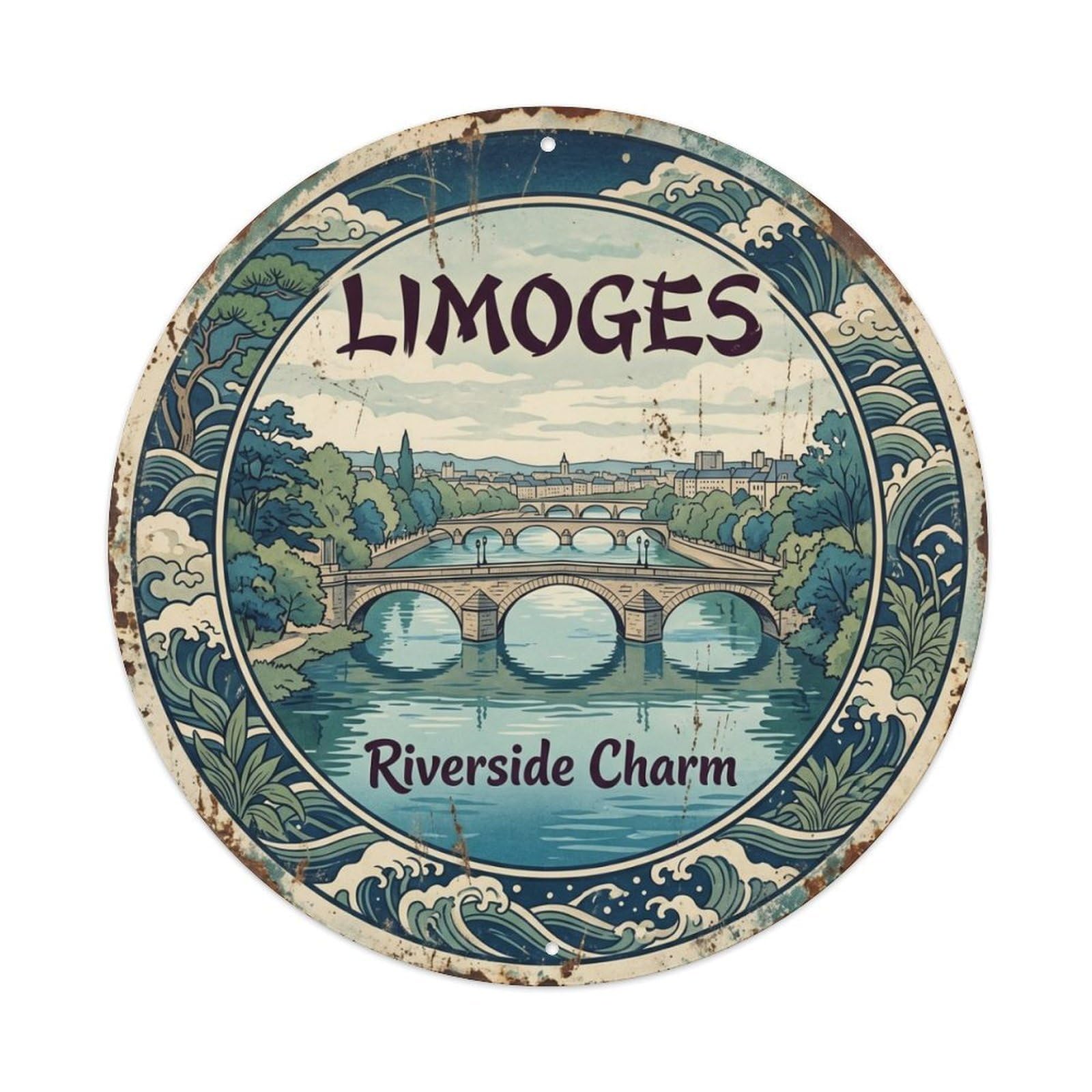 Fqcyn Style Vintage Travel Limoges France Vienne Metal Tin Sign Plaque Wall Decor For Cafe, Club Bar, Office, Home Garden Round Metal Poster 8X8inch