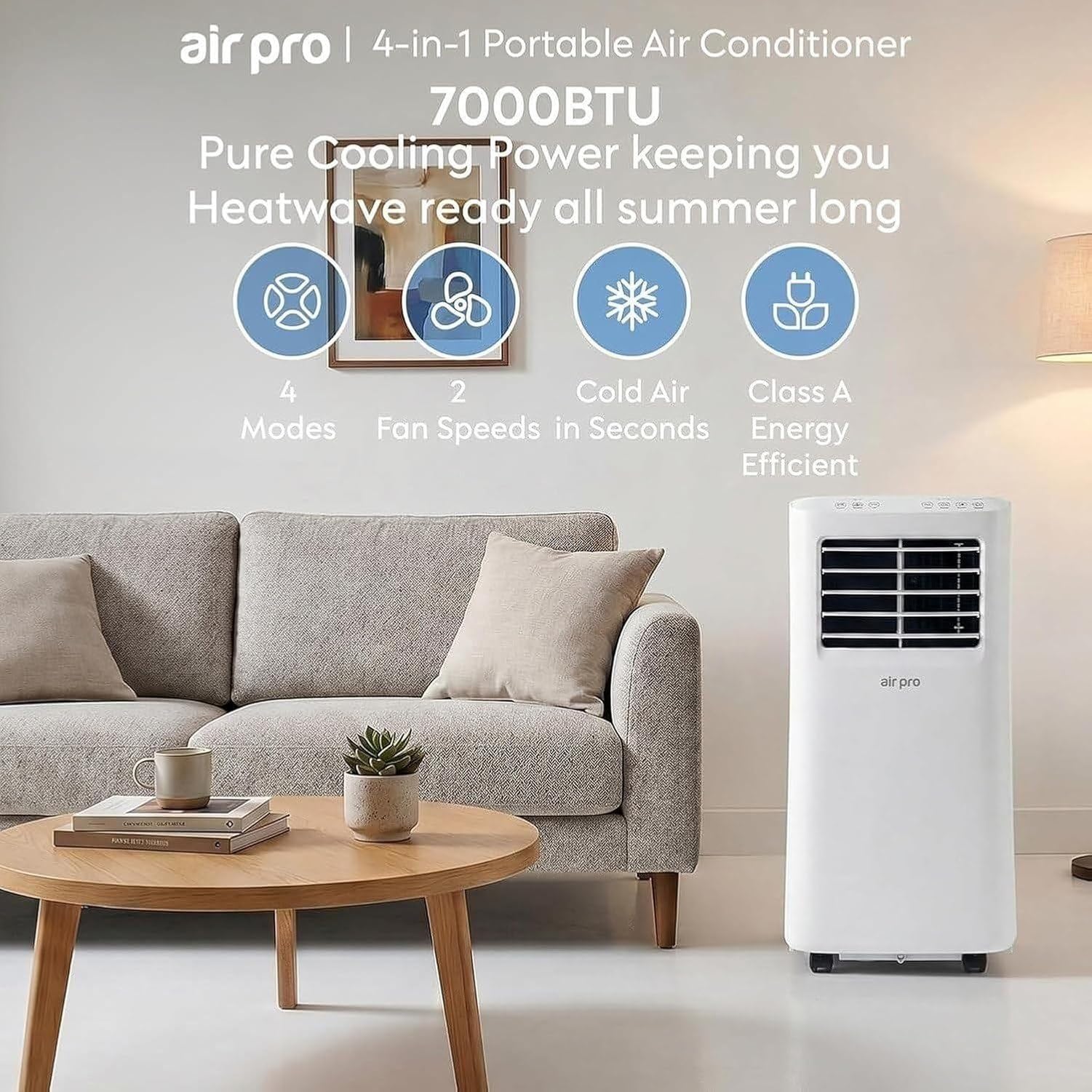 Aire Acondicionado Portátil 4 en 1 12000 BTU WiFi y Mando para Hogar Oficina Habitaciones 30m2, Temporizador 24H, Kit Ventana, Sin Instalación, Frío Calor, White, 7000 BTU