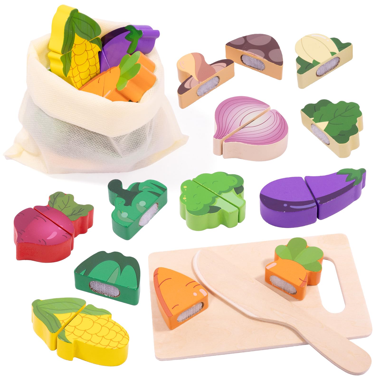 Wooden Food for Play Kitchen 12 Pcs Wooden Play Food Cutting Toys Toddlers