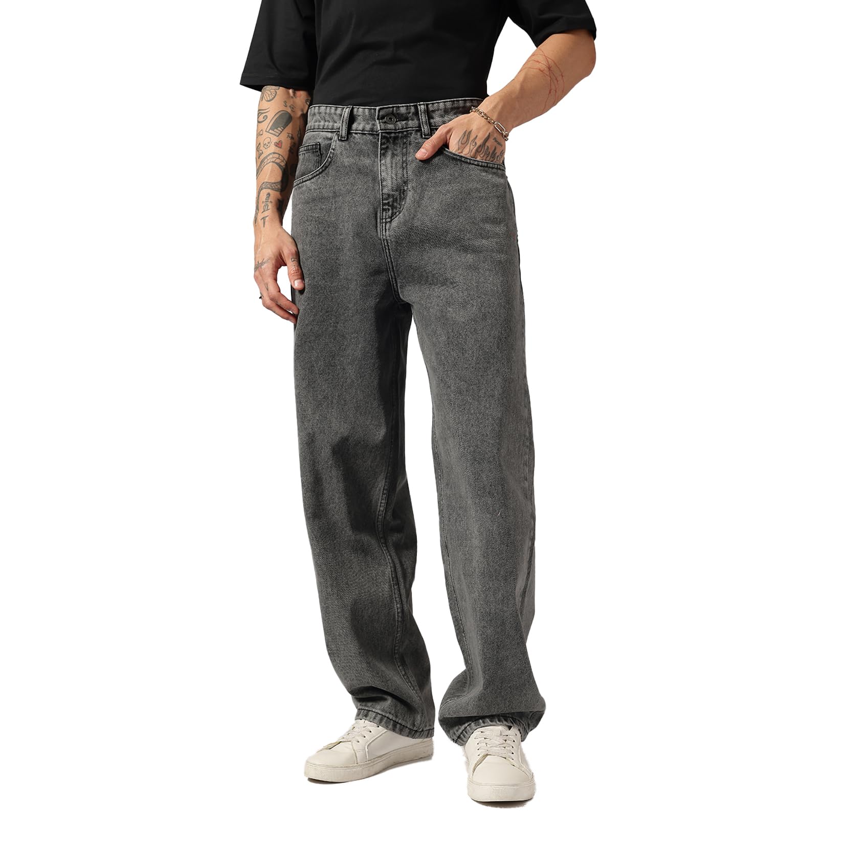Men’s Grey Denim Jeans | Relaxed Baggy Fit Mid-Rise Solid Jeans for Men | Cotton Casual Wear | Trendy Street Pants for Mens-image-29