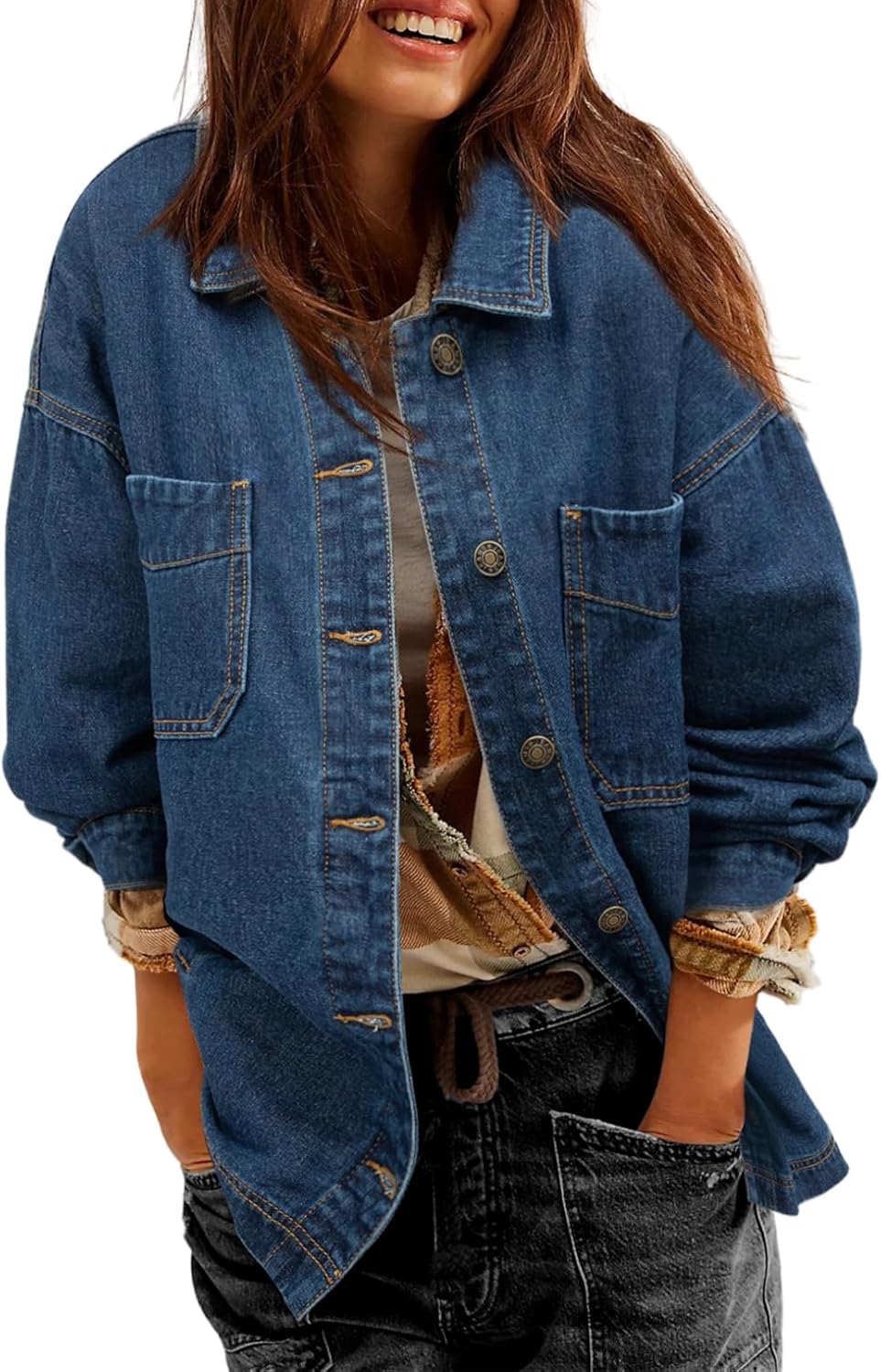 Sidefeel Women's Jean Jacket Oversized Boyfriend Button Up Long Sleeve Split Zimbaplatinum Denim Jackets