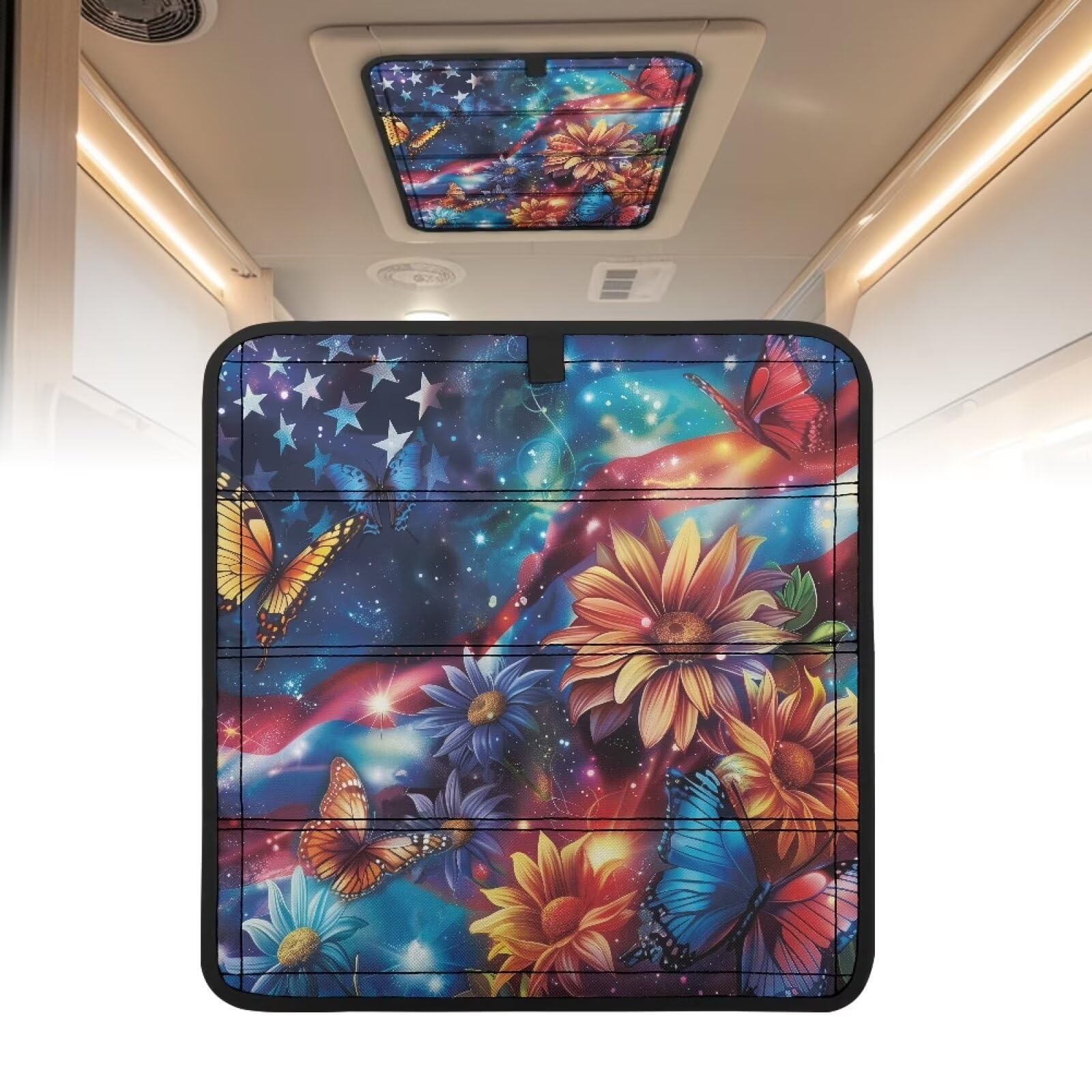 Copertura isolante per lucernario con bandiera americana, 42 x 42 cm, magnetica, pieghevole, oscurante e resistente al sole, con velcro autoadesivo, per tettuccio di camper e rimorchi