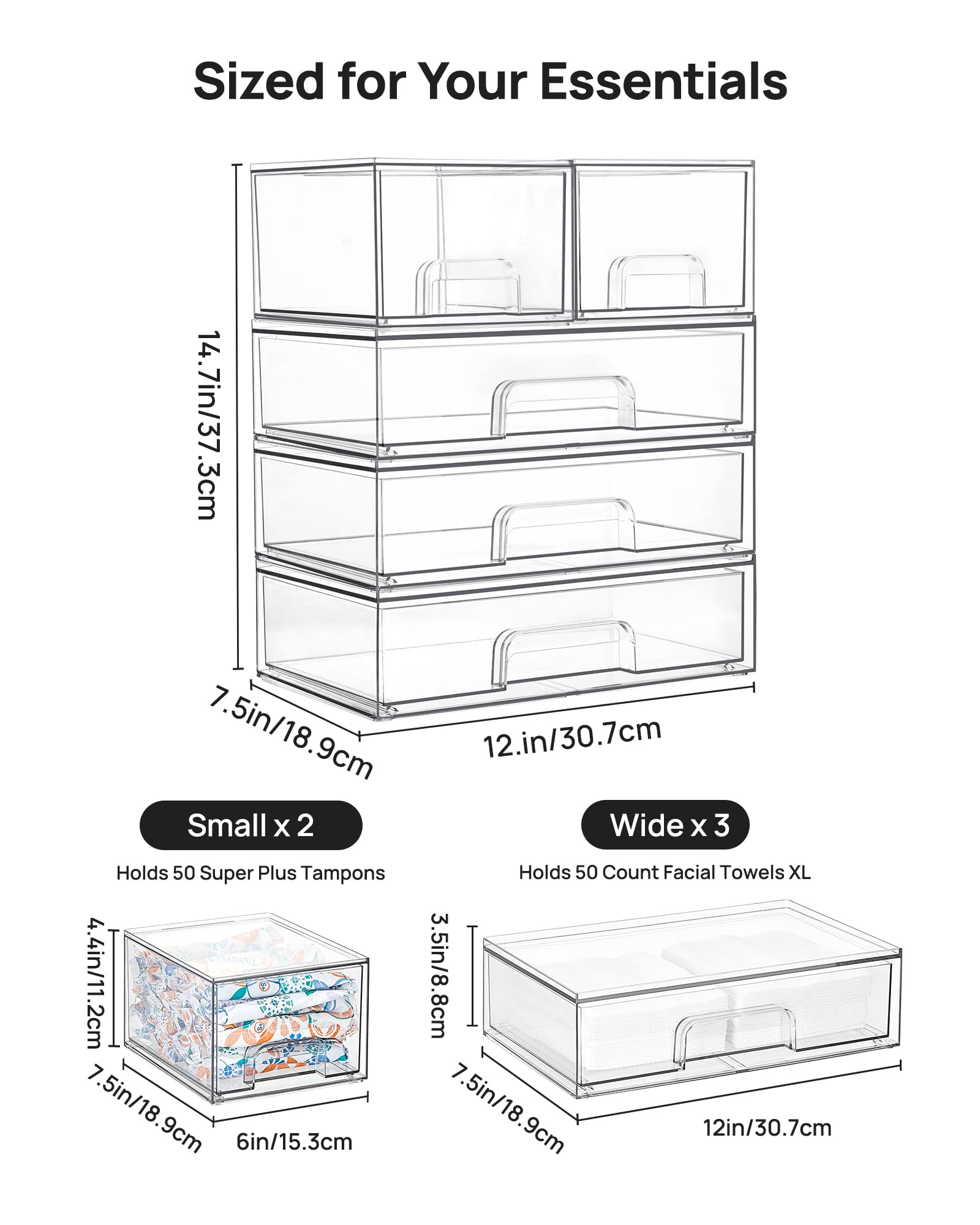 Vtopmart Lot de 5 tiroirs de rangement empilables en plastique transparent pour maquillage, cosmétiques, fournitures de beauté, 30,5 cm de large et 11,1 cm de haut