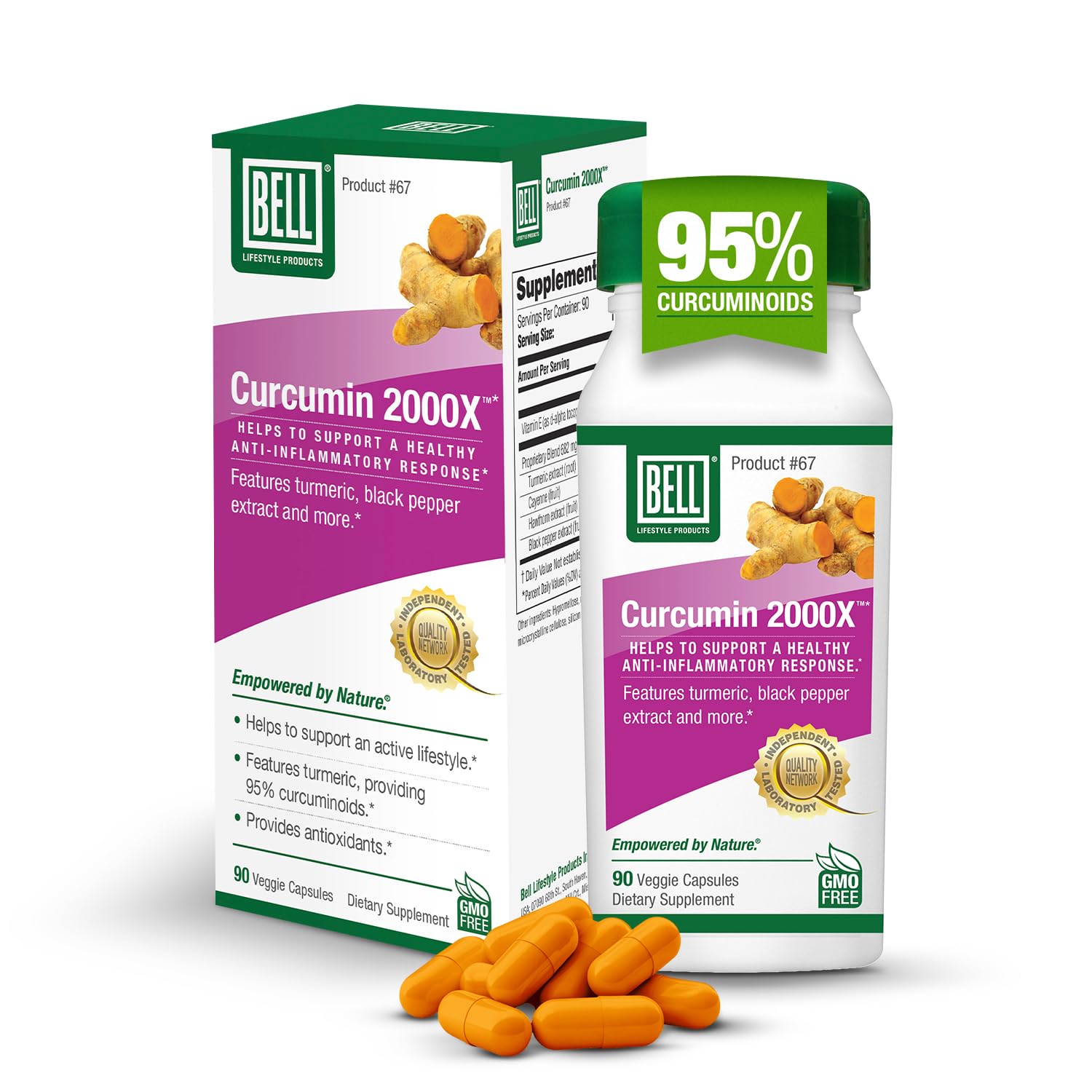 Bell Curcumin Supplements Curcumin 2000X® - Unique Blend with Turmeric, Black Pepper, Vitamin E, Hawthorn- Help Support Digestion, Inflammation, Cardiovascular Health & Peripheral -90 Units