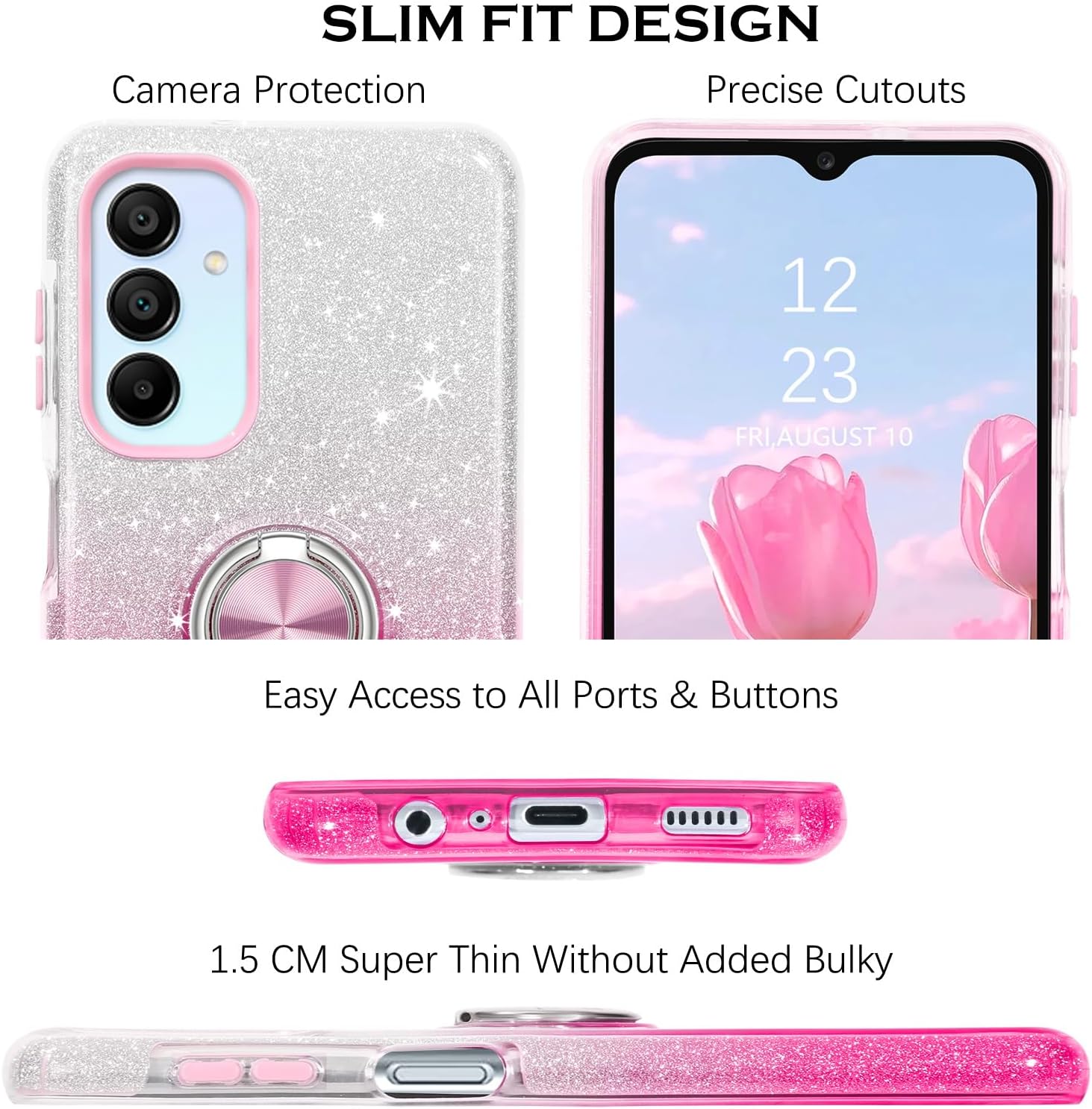 YINLAI for Samsung Galaxy A15 Case Bling Glitter Sparkle Samsung A15 Case for Girls Women with Ring Holder Kickstand Protective Phone Case for Samsung Galaxy A15 4G/5G 6.5", Pink Gradient 7