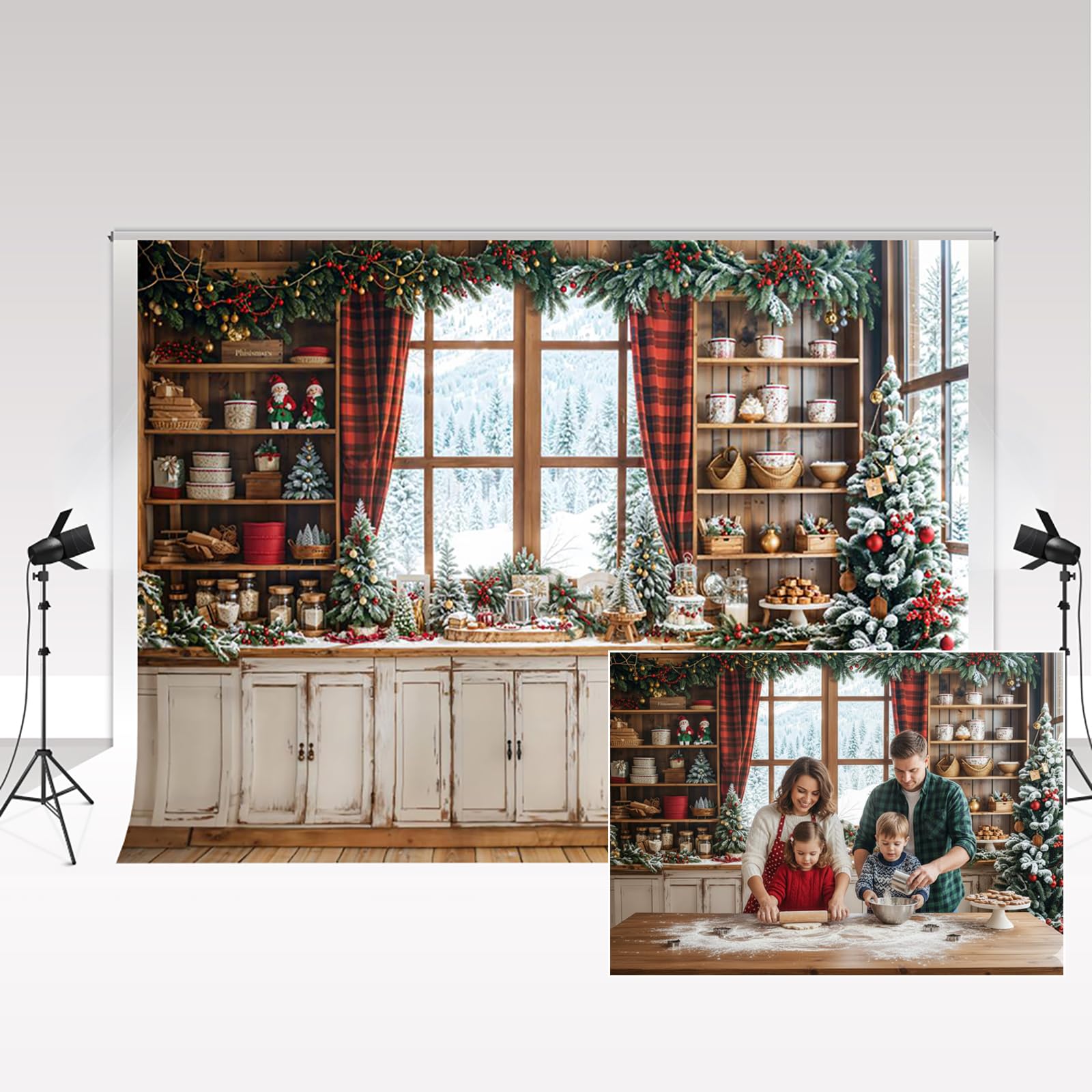 Fondo de fotografía navideña de Kate 3x2.5m/10x8pies con gabinetes Blancos para Cocina navideña, repostería navideña, cumpleaños de niños, Retrato Familiar