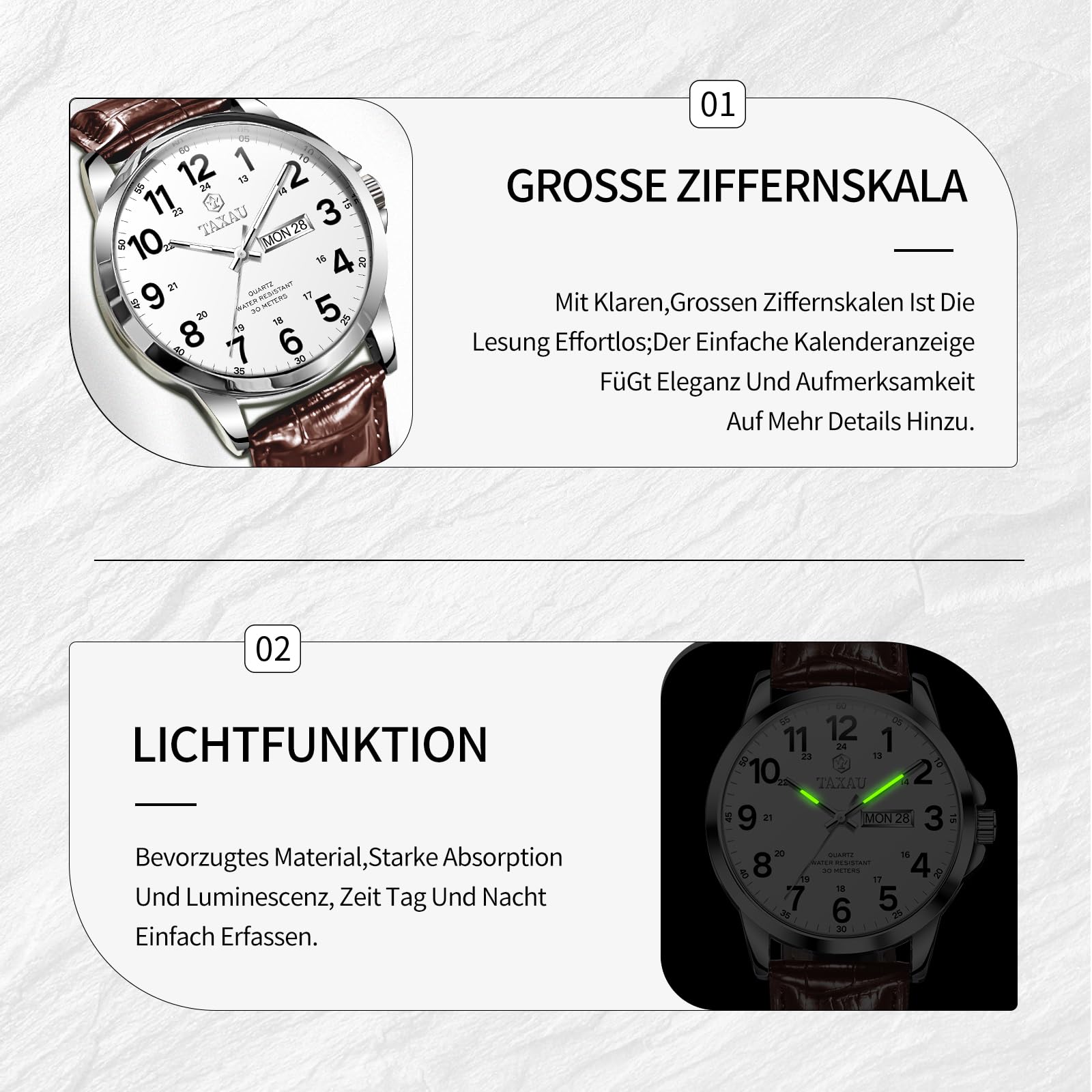 Taxau Uhren Herren Klassischus Lederarmband Wasserdicht Großes Zifferblatt