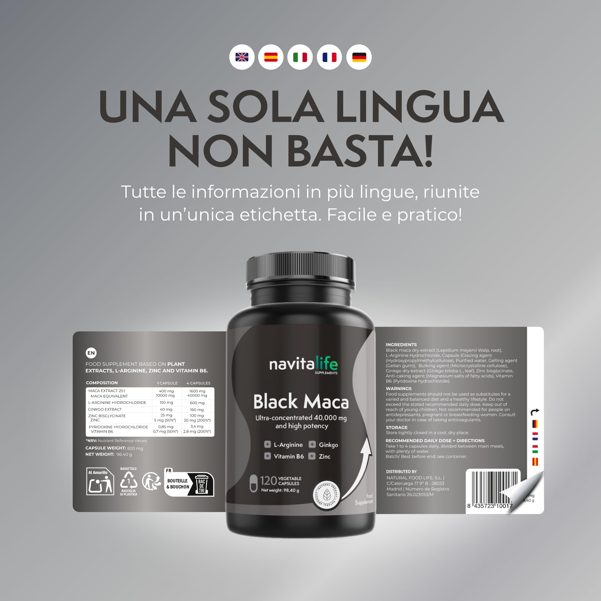 Maca Nera Peruviana Andina 40.000 mg (Estratto 25:1) | 120 Capsule per 4 Mesi | Alta Purezza | Con L-Arginina, Zinco, Ginkgo Biloba e Vitamina B6 | Energia, Vitalità e Performance | NavitaLife
