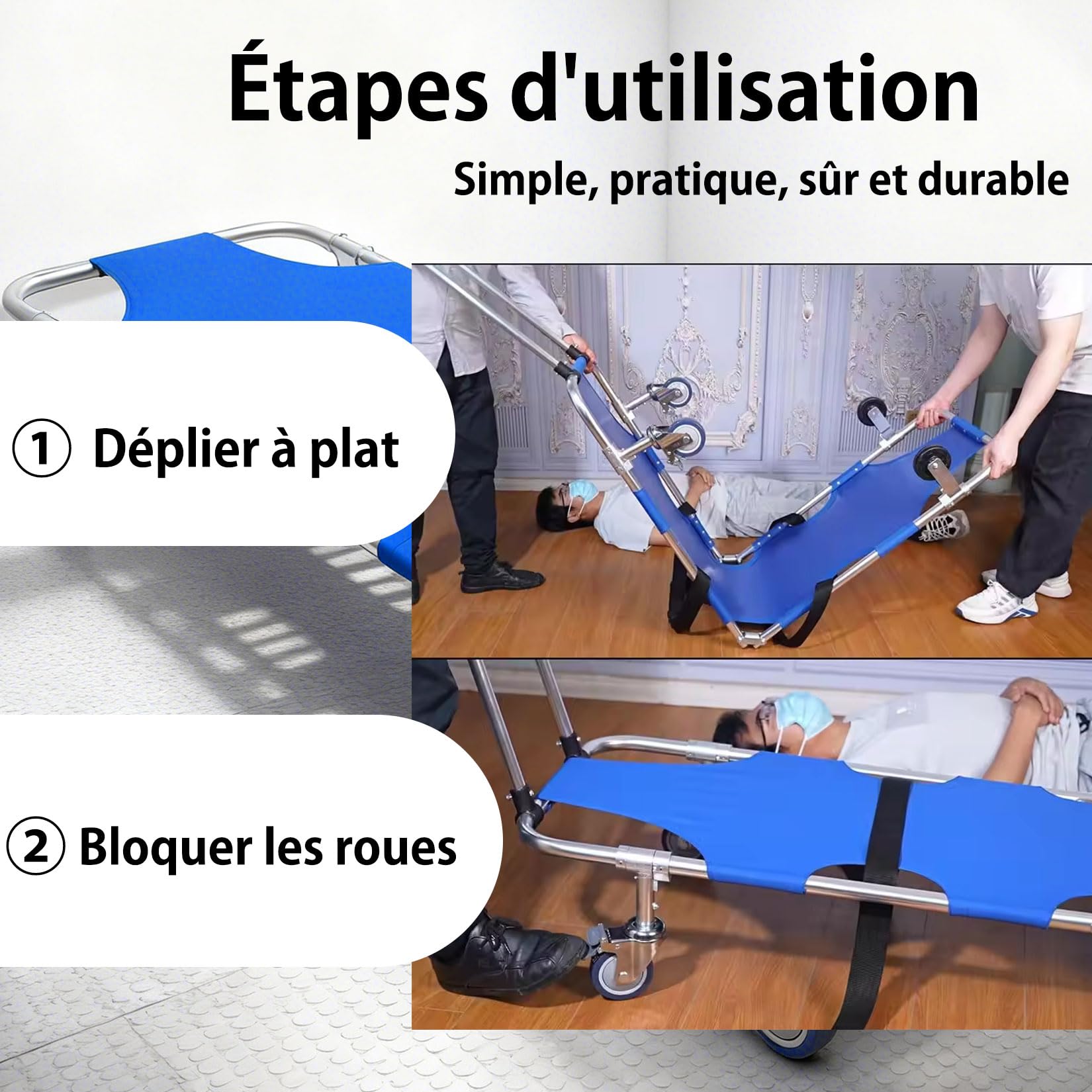 Civière Pliable et Portable avec Roues,Pliant Brancard avec 4 Roues et Ceinture de Sécurité,Civière Médicale en Aluminium,Patient Portable d'urgence Transport Brancard,Avec tige de poussée-traction