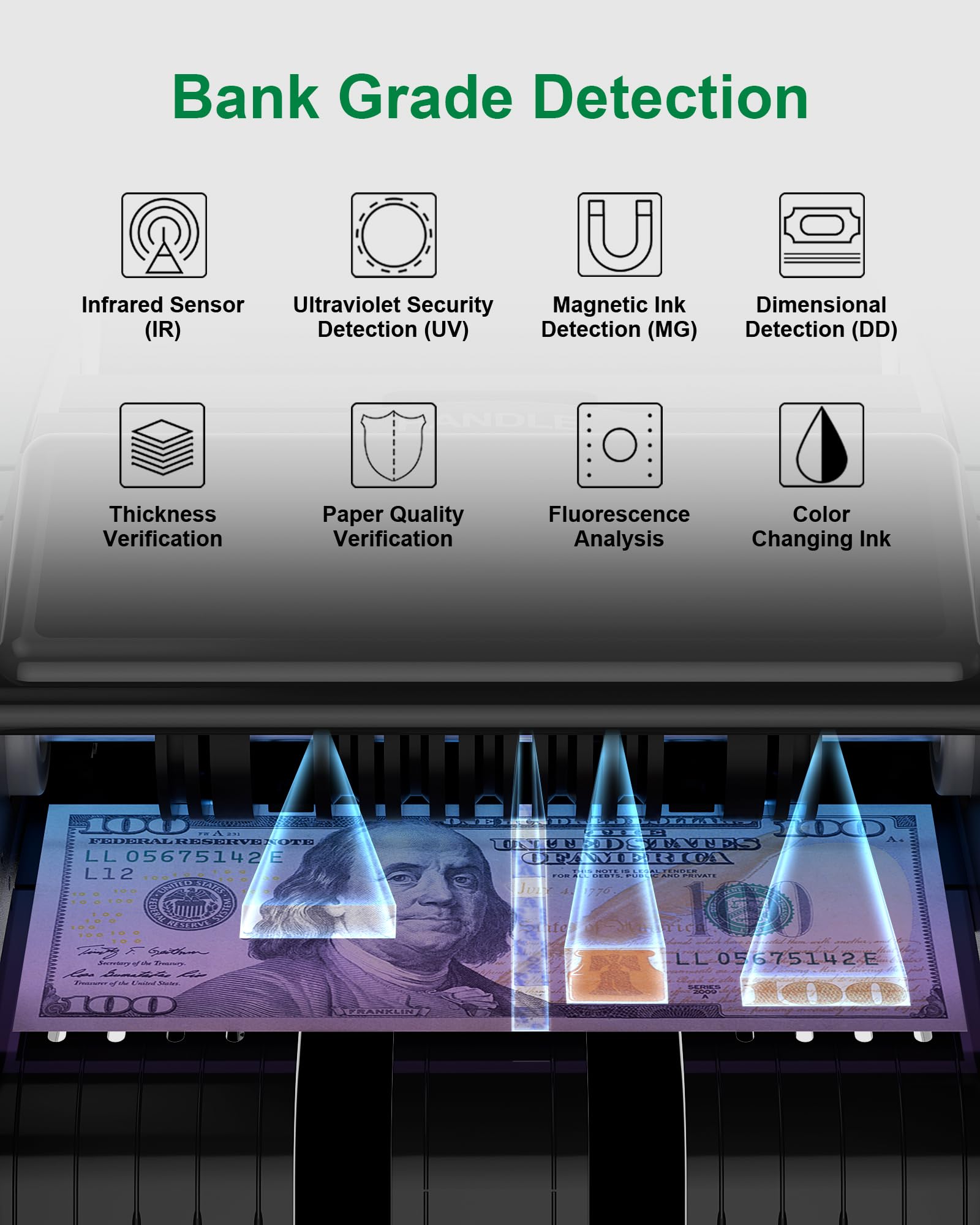 AL1000 Contador de Billetes, Detección de Billetes Falsos UV/IR/DD/MG, Conteo de Valor & Lote & Adición, Pantalla LCD, 1200 Billetes/Min, Compatible con Múltiples Monedas, Verde Oscuro