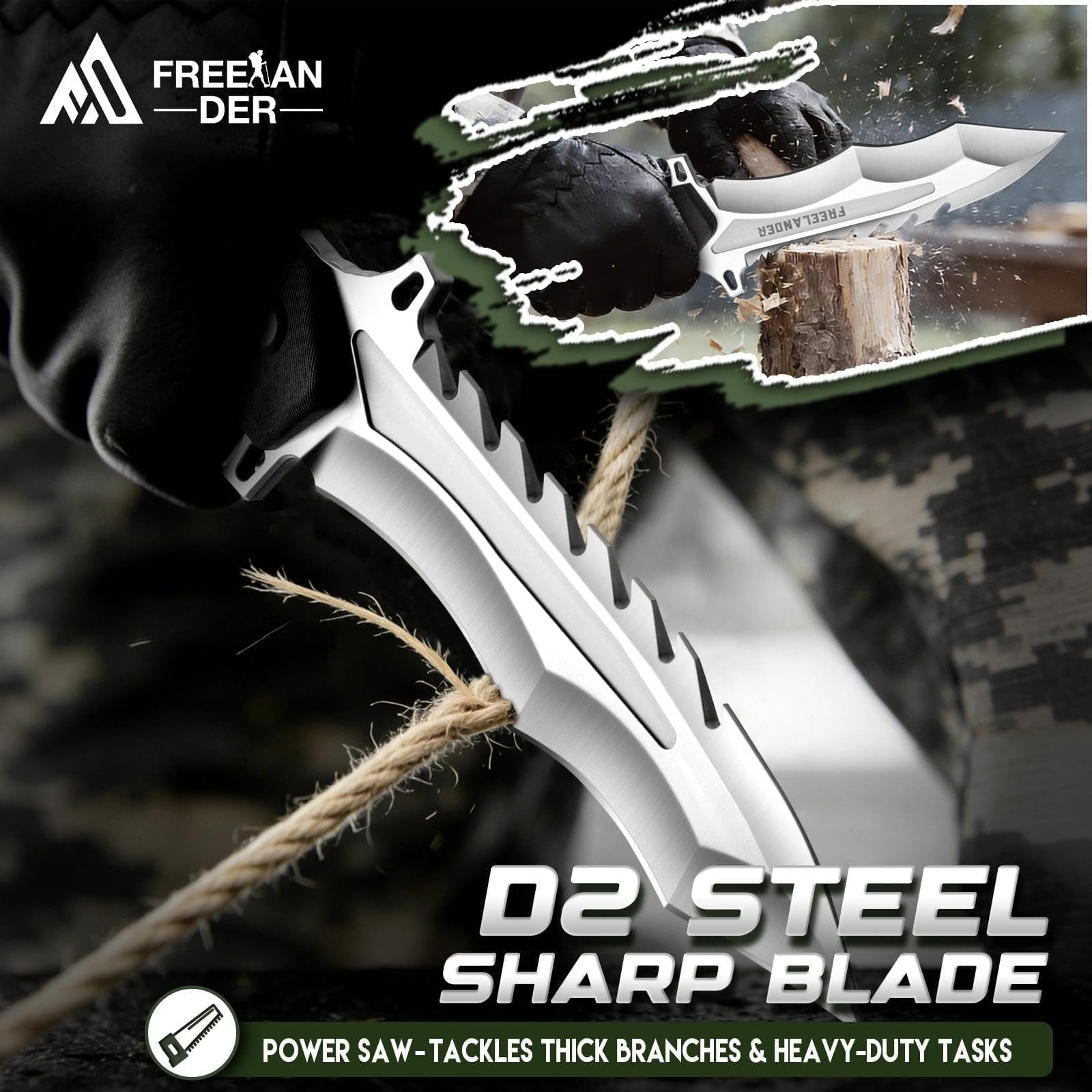 Freelander Outdoor Coltello da Sopravvivenza, Coltello da Lama Fissa in Acciaio D2, Coltelli da Campeggio Bushcraft con Manico G10, Argento