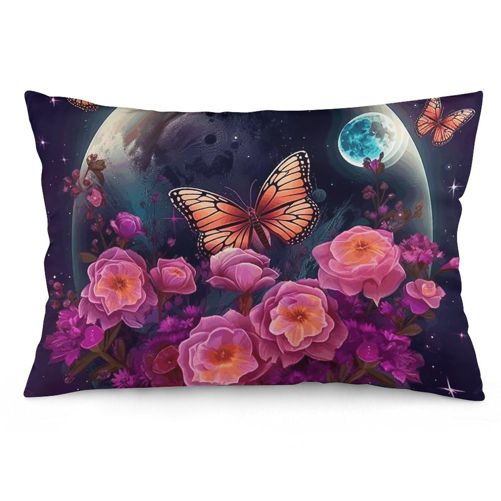 2 Pack Pillow Cases for Hair and Skin, Soft Breathable Pillow Case Covers with Hidden Zipper, Moon Flowers and Butterflies Pillowcase 16 "x24 Pillow Covers for Sleeping Gift