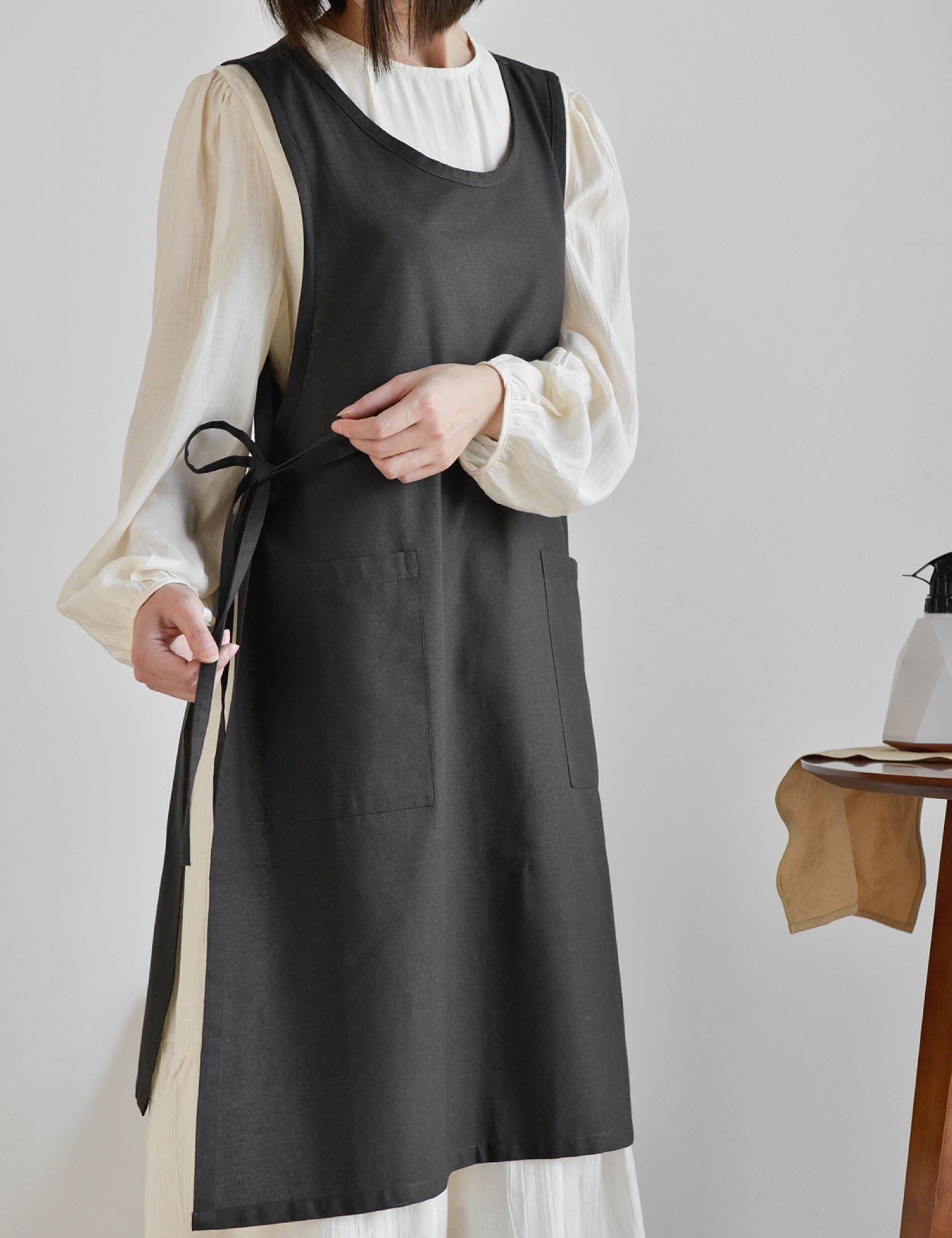 Grembiule In Cotone e Lino Per Donna con Lacci Laterali Scollo Rotondo Casual per Cucinare, Dipingere, Cucinare, Bar