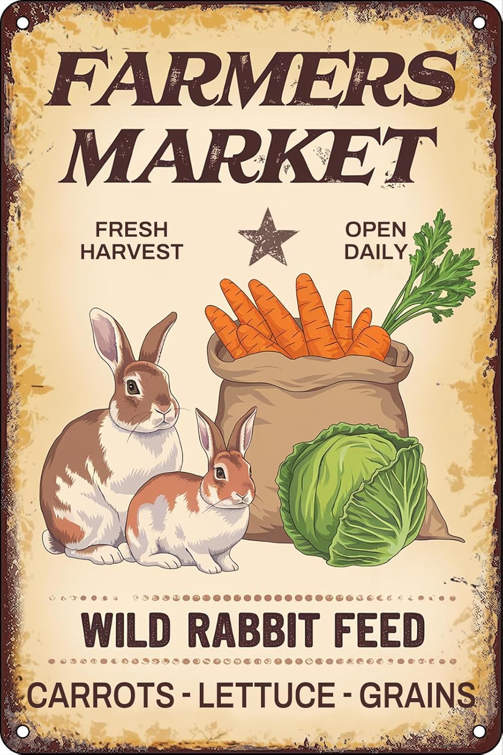 SMAZDFXX Farmers Market Fresh Harvest Open Daily Vintage Metal Tin Sign Rabbit Carrots Easter Day Wall Decor for Home Kitchen Farm Farmhouse Easter Party Decoration 12"x16"