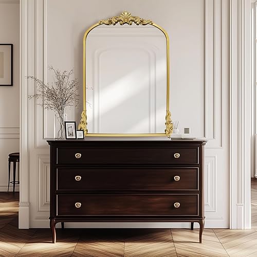 Miniatura 2 de Growsun Espejo arqueado dorado, 24 x 36 pulgadas, decoración de espejo de pared barroco antiguo, espejo adornado tradicional con marco de metal