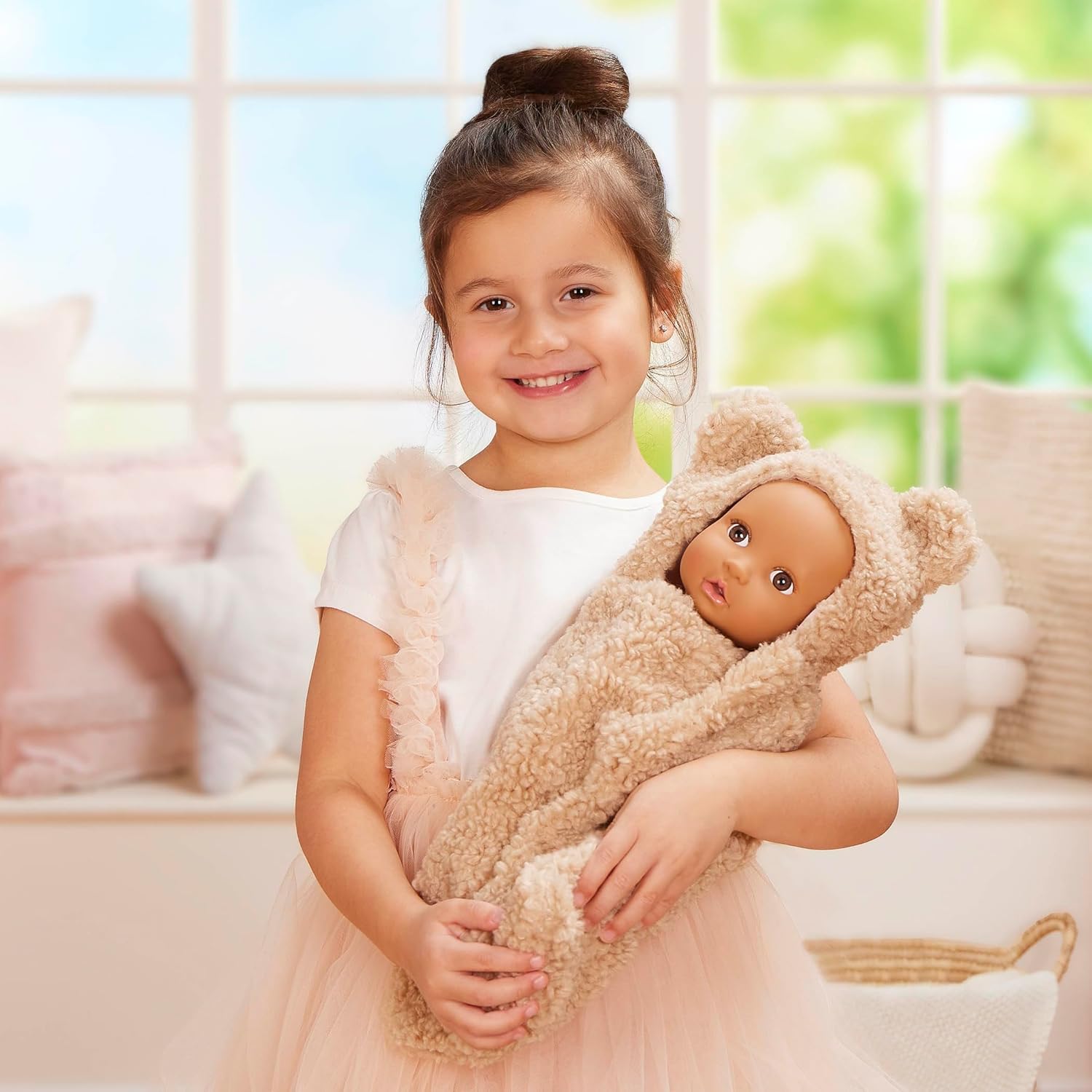LullaBaby – 14-Inch Realistic Baby Doll – Olive Skin Tone & Brown Eyes – Ultra – Soft Bear – Themed Cuddler – Pretend Play 2+ Years– Baby Doll & Cuddler Set